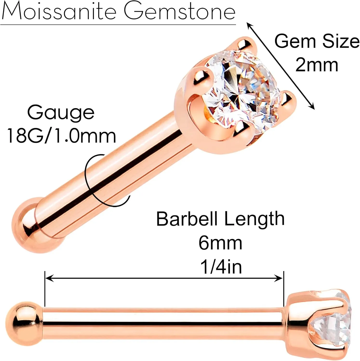 Body Candy 14k Solid Gold Nose Ring Stud - 2mm Moissanite Bone 18/20 Gauge Piercing Jewelry for Women, Men