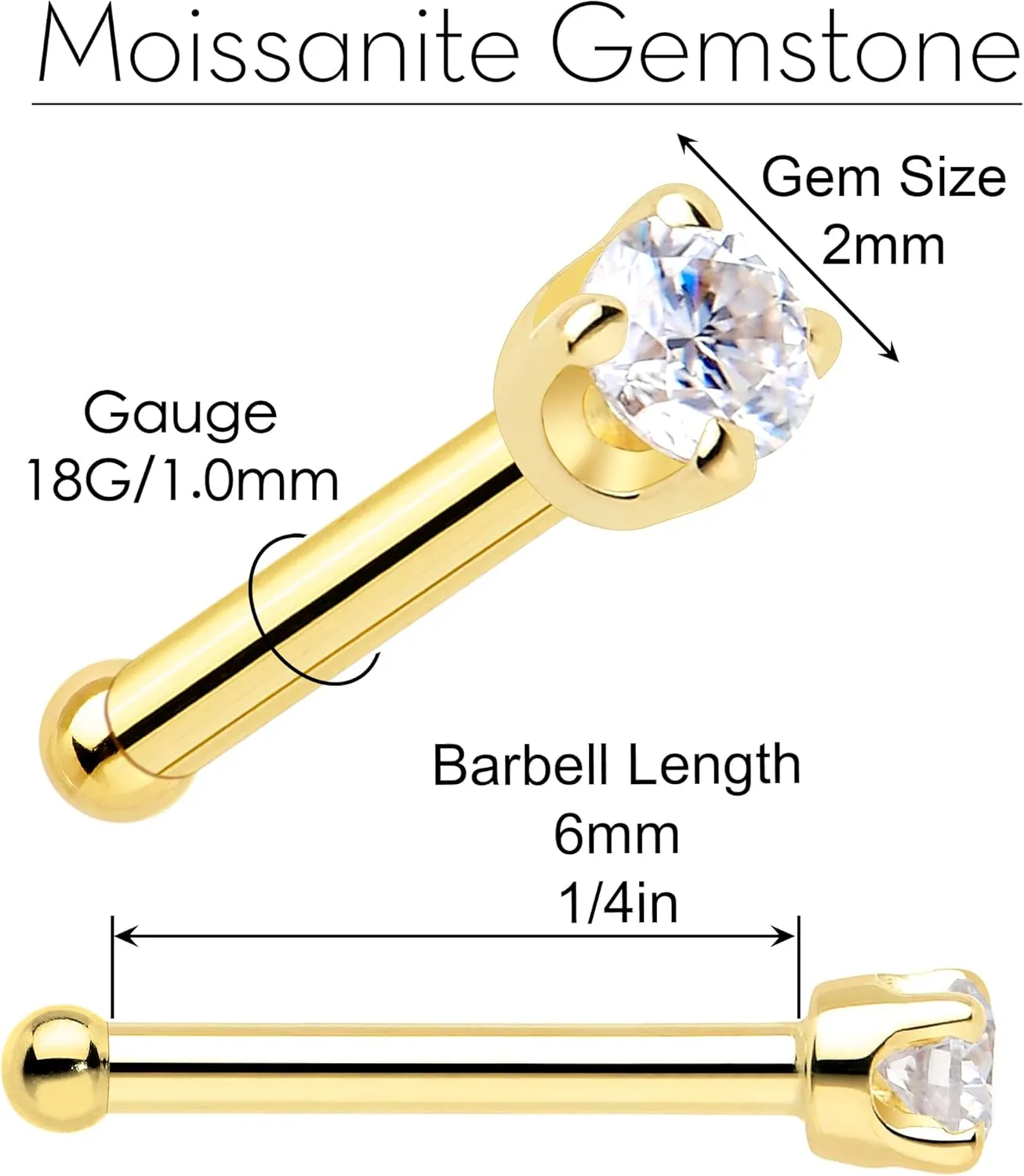 Body Candy 14k Solid Gold Nose Ring Stud - 2mm Moissanite Bone 18/20 Gauge Piercing Jewelry for Women, Men