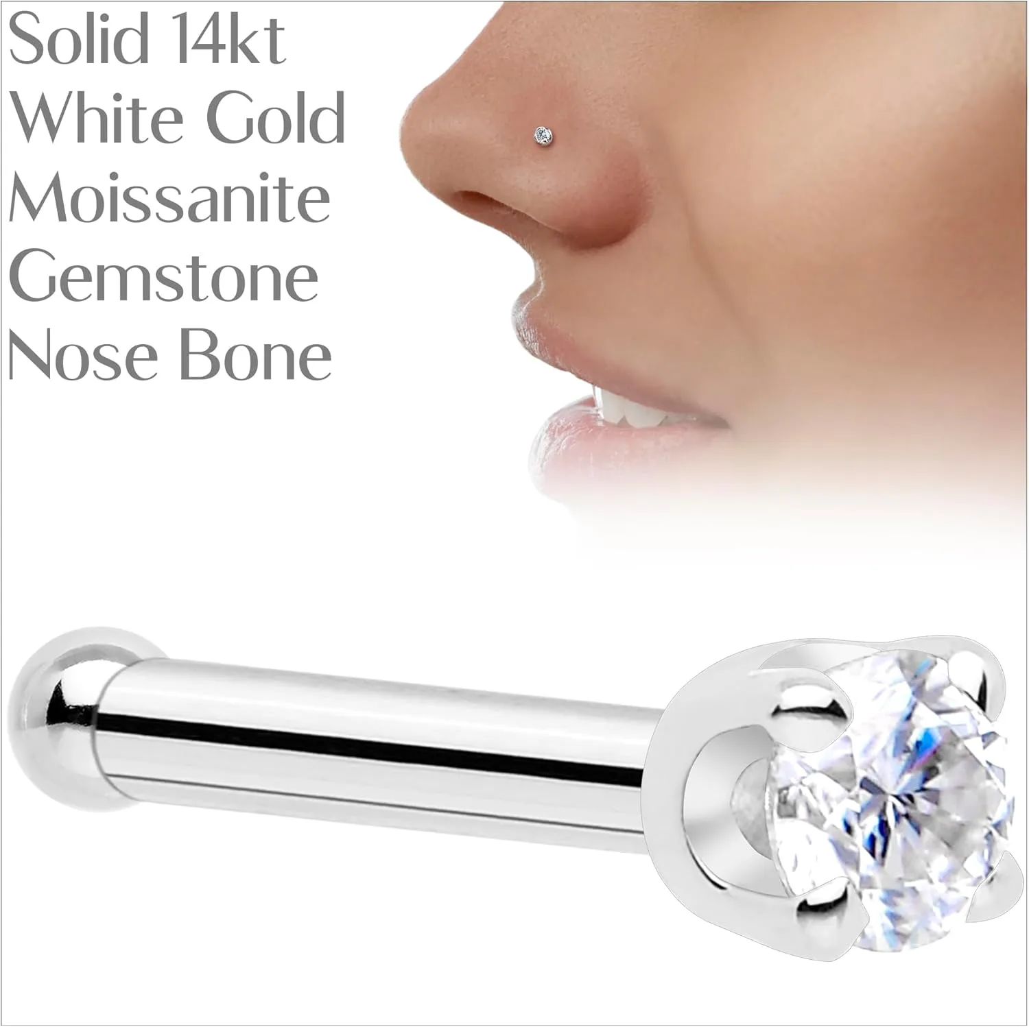 Body Candy 14k Solid Gold Nose Ring Stud - 2mm Moissanite Bone 18/20 Gauge Piercing Jewelry for Women, Men
