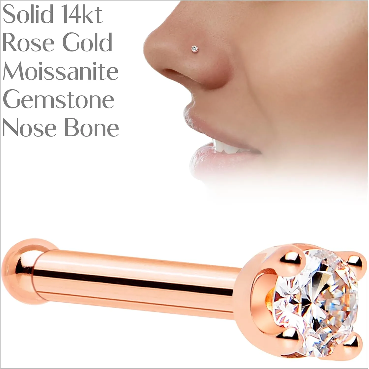 Body Candy 14k Solid Gold Nose Ring Stud - 2mm Moissanite Bone 18/20 Gauge Piercing Jewelry for Women, Men