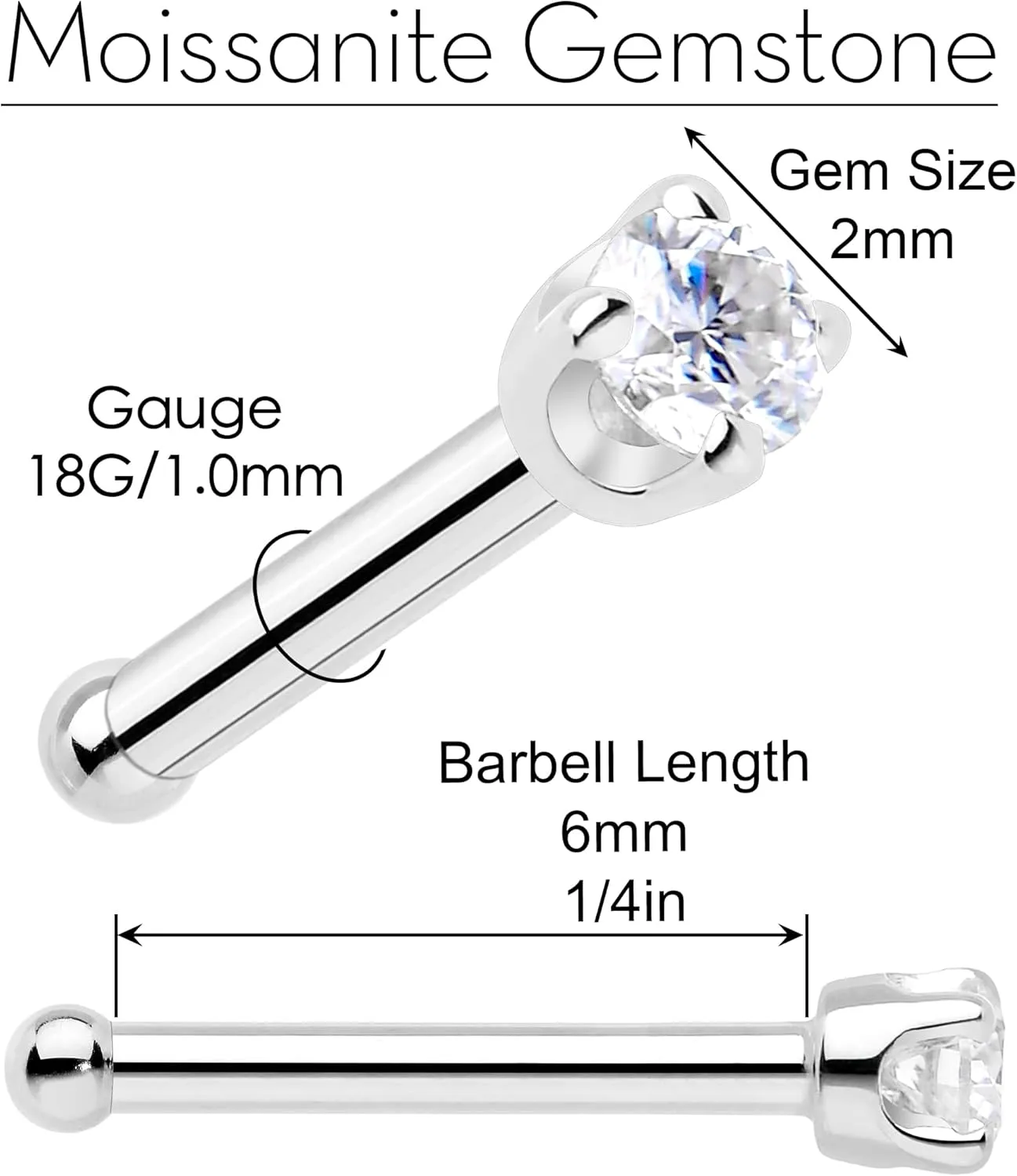 Body Candy 14k Solid Gold Nose Ring Stud - 2mm Moissanite Bone 18/20 Gauge Piercing Jewelry for Women, Men