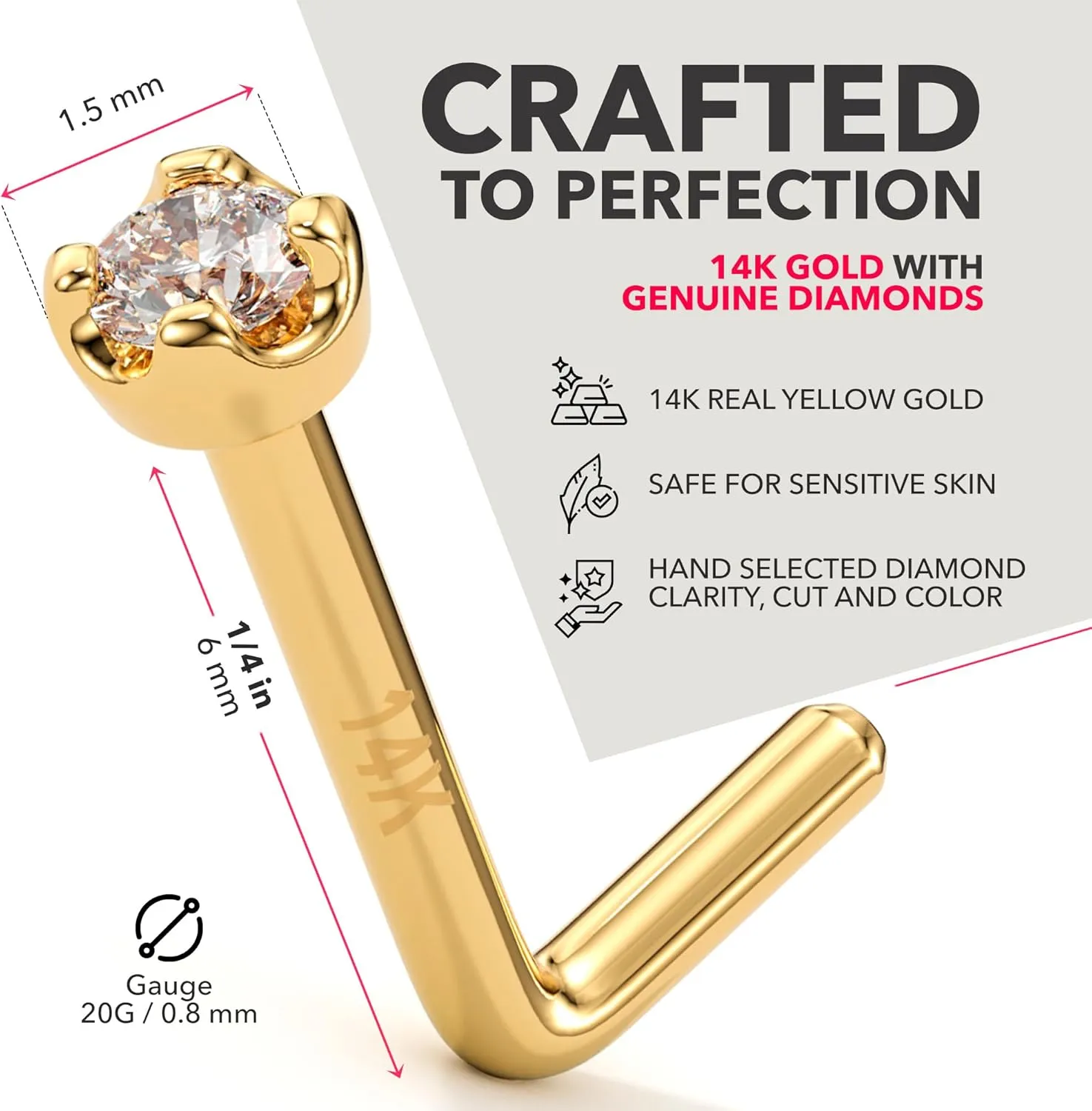 Body Candy 14K Solid Gold Nose Ring Studs - 1.5mm (0.015 cttw) Genuine Diamond L Shaped 20 Gauge 1/4" Real Gold Nose Ring Piercing Jewelry - 14 K Gold Nose Stud, Nose Piercings, Gold Nose Studs for Women, Men