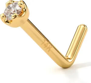 Body Candy 14K Solid Gold Nose Ring Studs - 1.5mm (0.015 cttw) Genuine Diamond L Shaped 20 Gauge 1/4" Real Gold Nose Ring Piercing Jewelry - 14 K Gold Nose Stud, Nose Piercings, Gold Nose Studs for Women, Men