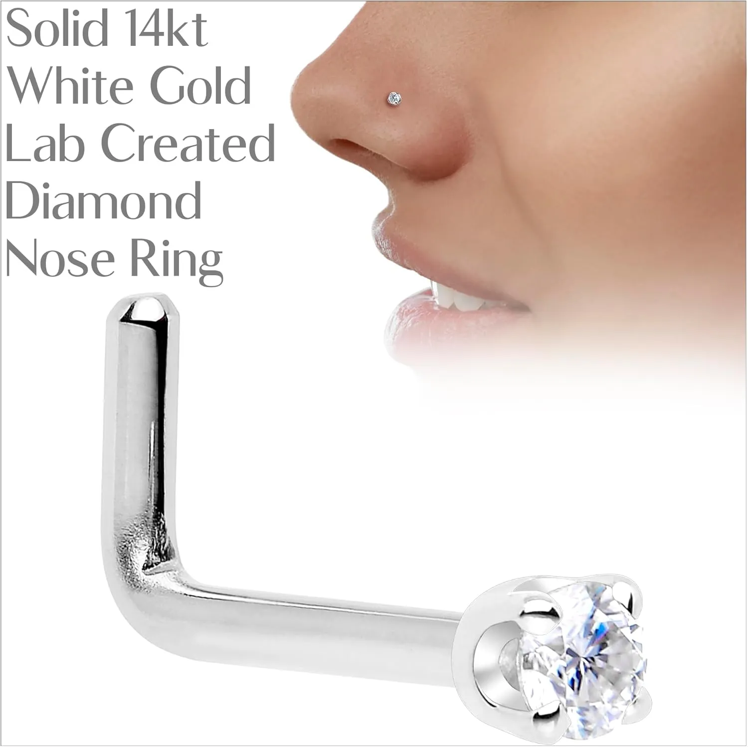 Body Candy 14k Solid Gold Nose Ring Studs - 2mm Lab Grown Diamond Created by MasterJeweler - L-Shape Nose Ring 18 Gauge 20 Gauge Real Gold Nose Ring Piercing Jewelry for Women, Men