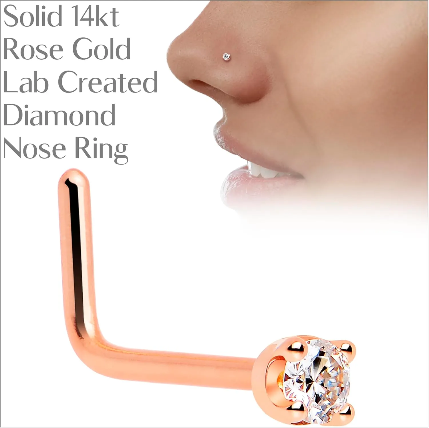 Body Candy 14k Solid Gold Nose Ring Studs - 2mm Lab Grown Diamond Created by MasterJeweler - L-Shape Nose Ring 18 Gauge 20 Gauge Real Gold Nose Ring Piercing Jewelry for Women, Men