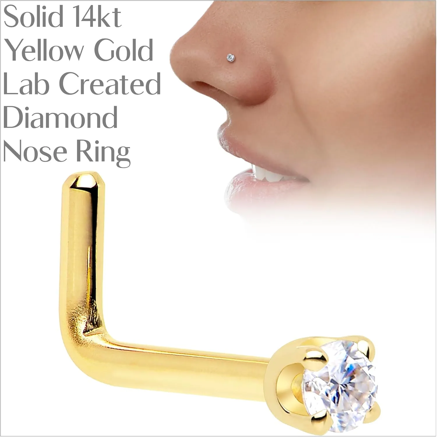 Body Candy 14k Solid Gold Nose Ring Studs - 2mm Lab Grown Diamond Created by MasterJeweler - L-Shape Nose Ring 18 Gauge 20 Gauge Real Gold Nose Ring Piercing Jewelry for Women, Men