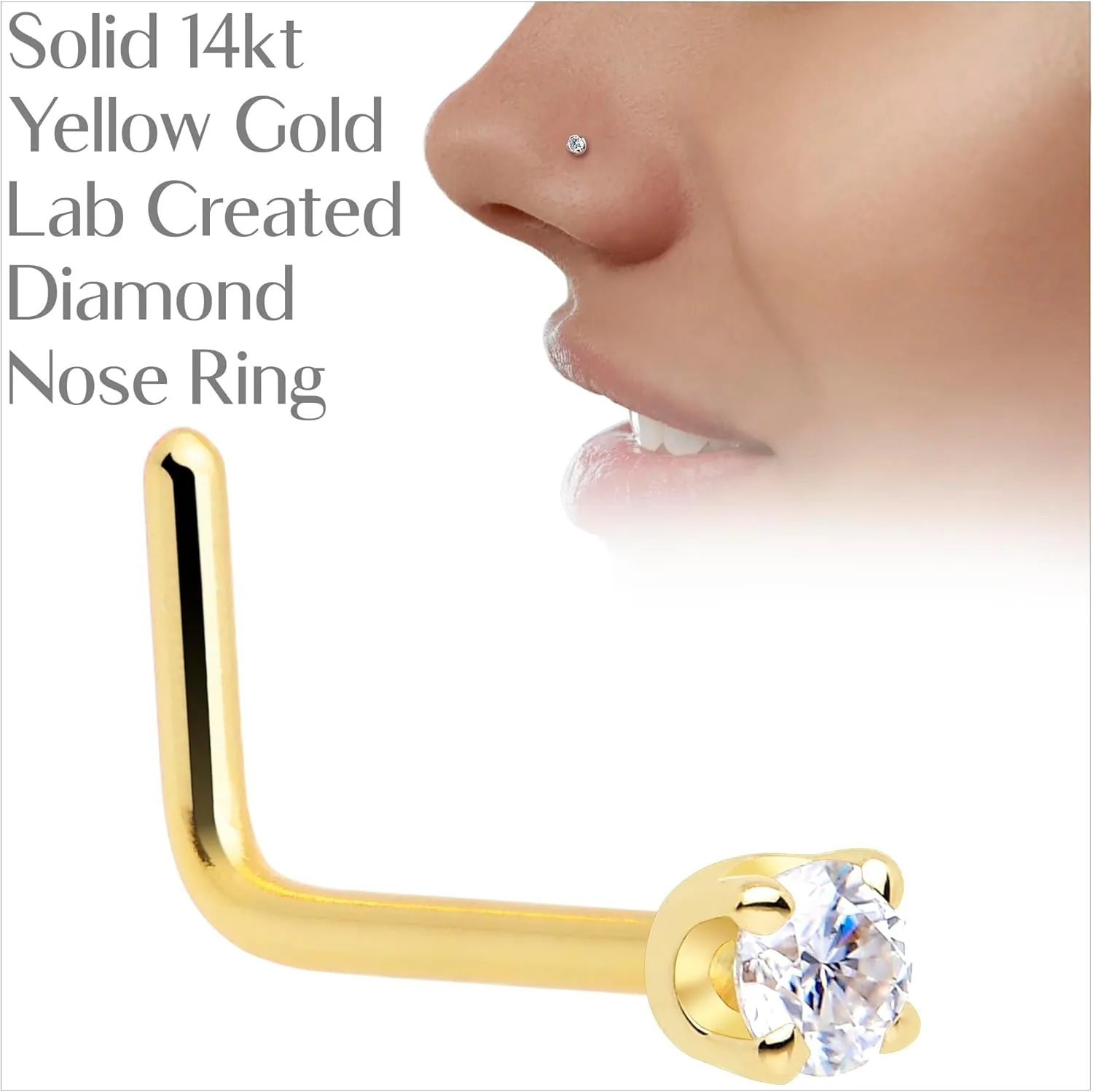 Body Candy 14k Solid Gold Nose Ring Studs - 2mm Lab Grown Diamond Created by MasterJeweler - L-Shape Nose Ring 18 Gauge 20 Gauge Real Gold Nose Ring Piercing Jewelry for Women, Men