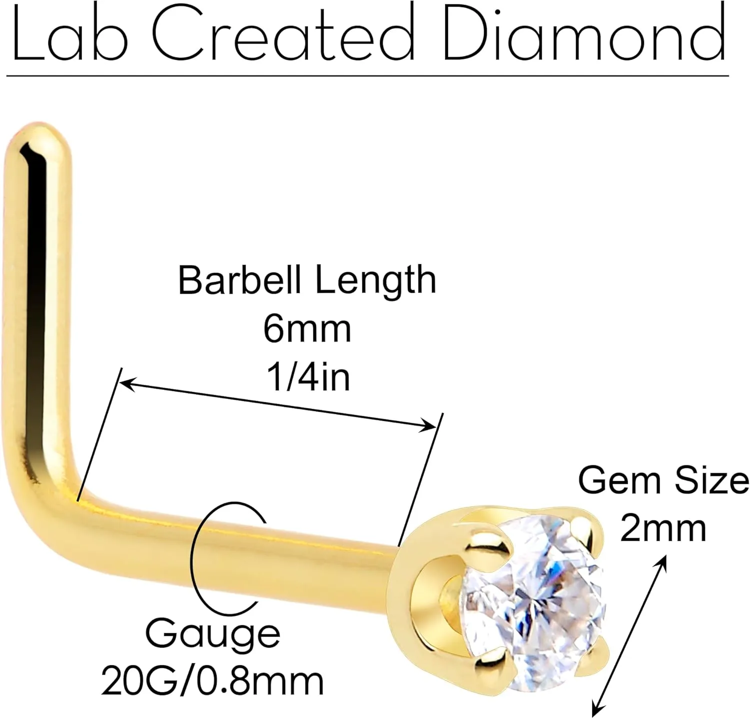 Body Candy 14k Solid Gold Nose Ring Studs - 2mm Lab Grown Diamond Created by MasterJeweler - L-Shape Nose Ring 18 Gauge 20 Gauge Real Gold Nose Ring Piercing Jewelry for Women, Men
