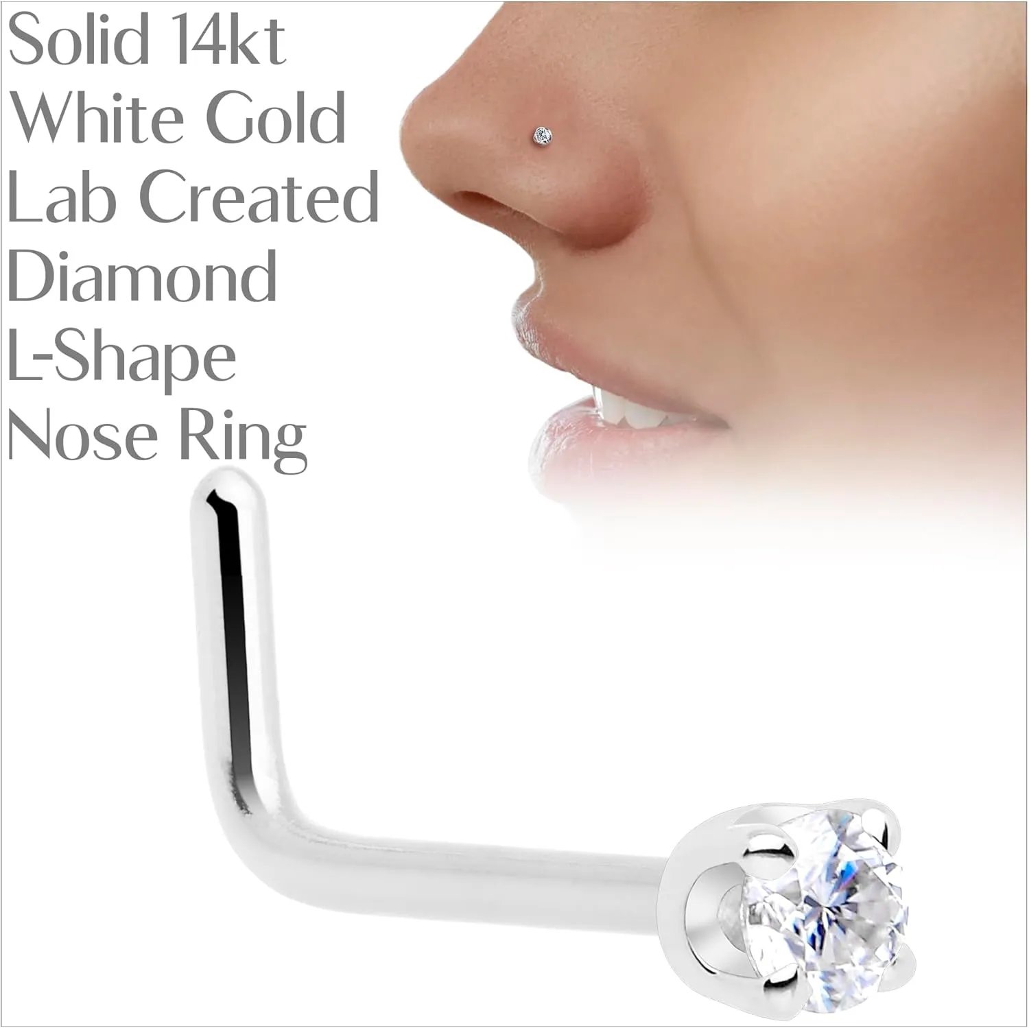 Body Candy 14k Solid Gold Nose Ring Studs - 2mm Lab Grown Diamond Created by MasterJeweler - L-Shape Nose Ring 18 Gauge 20 Gauge Real Gold Nose Ring Piercing Jewelry for Women, Men