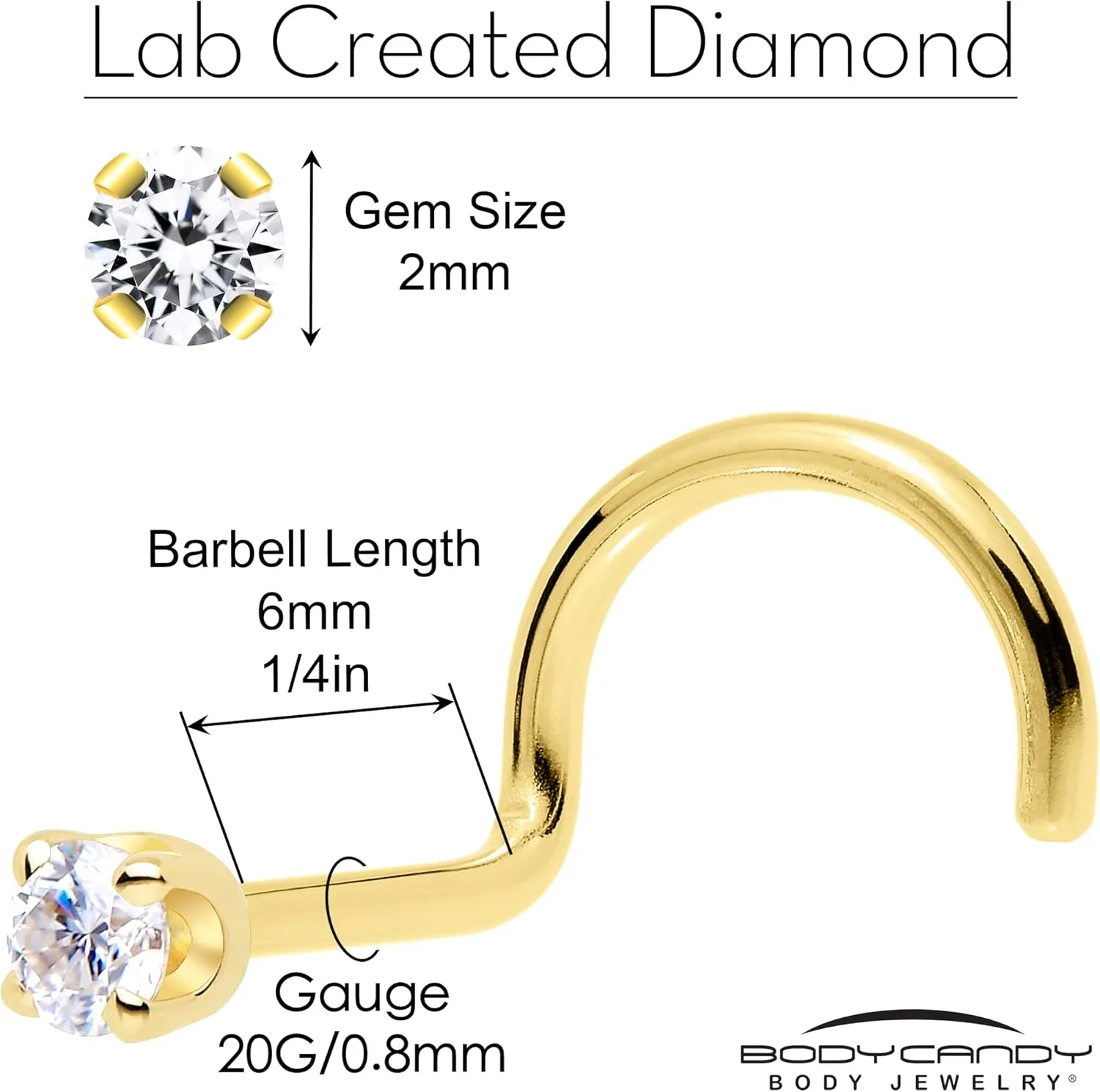 Body Candy 14k Solid Gold Nose Ring Studs - 2mm Lab Grown Diamond Created by MasterJeweler - Left Side Nose Ring 18 Gauge 20 Gauge Real Gold Nose Ring Piercing Jewelry for Women, Men