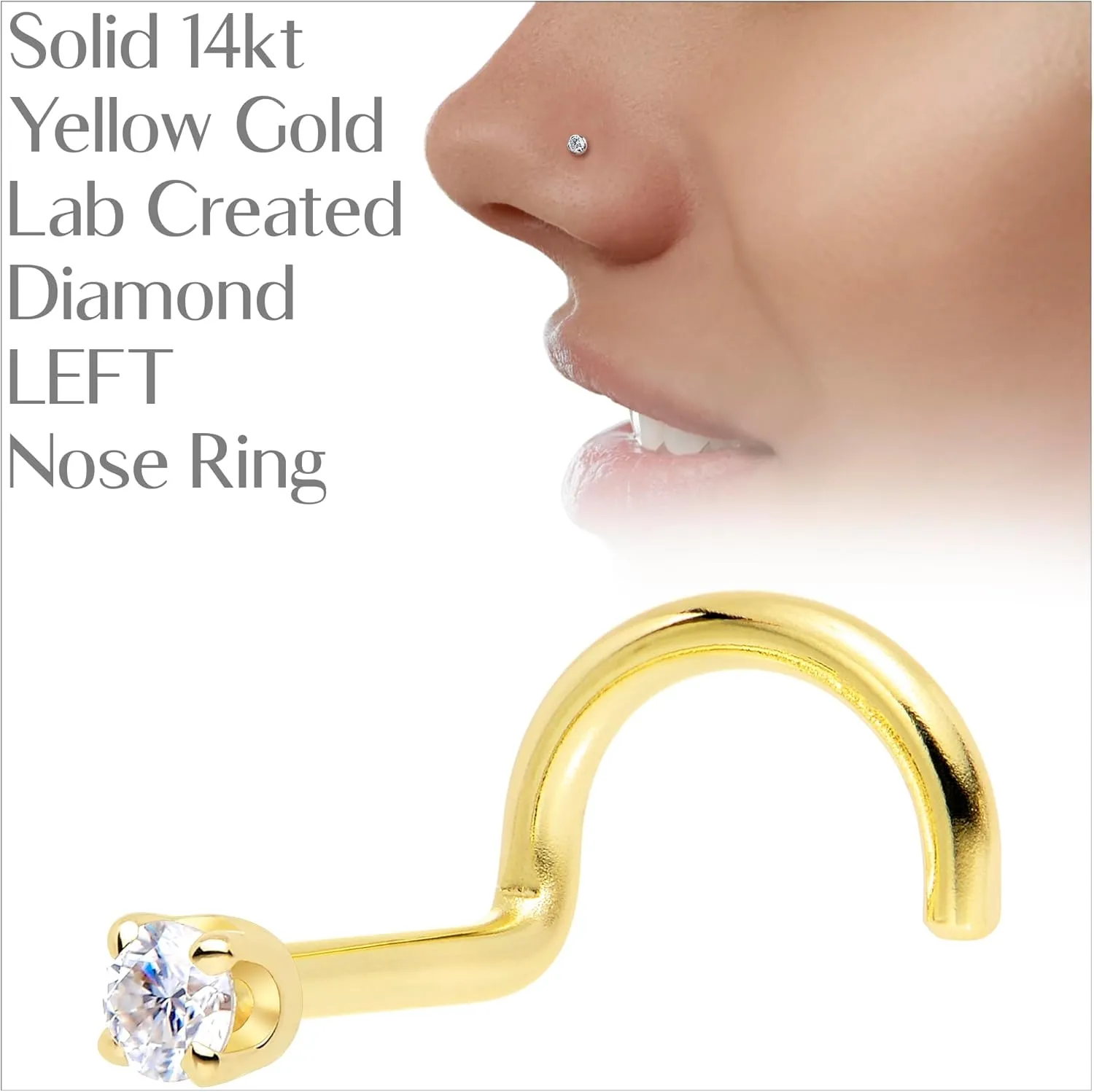 Body Candy 14k Solid Gold Nose Ring Studs - 2mm Lab Grown Diamond Created by MasterJeweler - Left Side Nose Ring 18 Gauge 20 Gauge Real Gold Nose Ring Piercing Jewelry for Women, Men