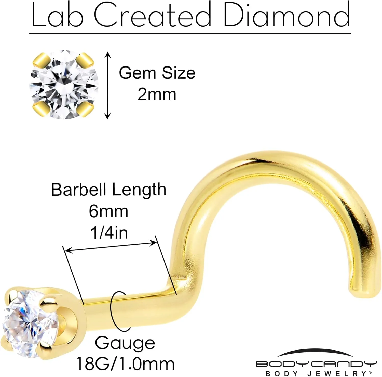 Body Candy 14k Solid Gold Nose Ring Studs - 2mm Lab Grown Diamond Created by MasterJeweler - Left Side Nose Ring 18 Gauge 20 Gauge Real Gold Nose Ring Piercing Jewelry for Women, Men