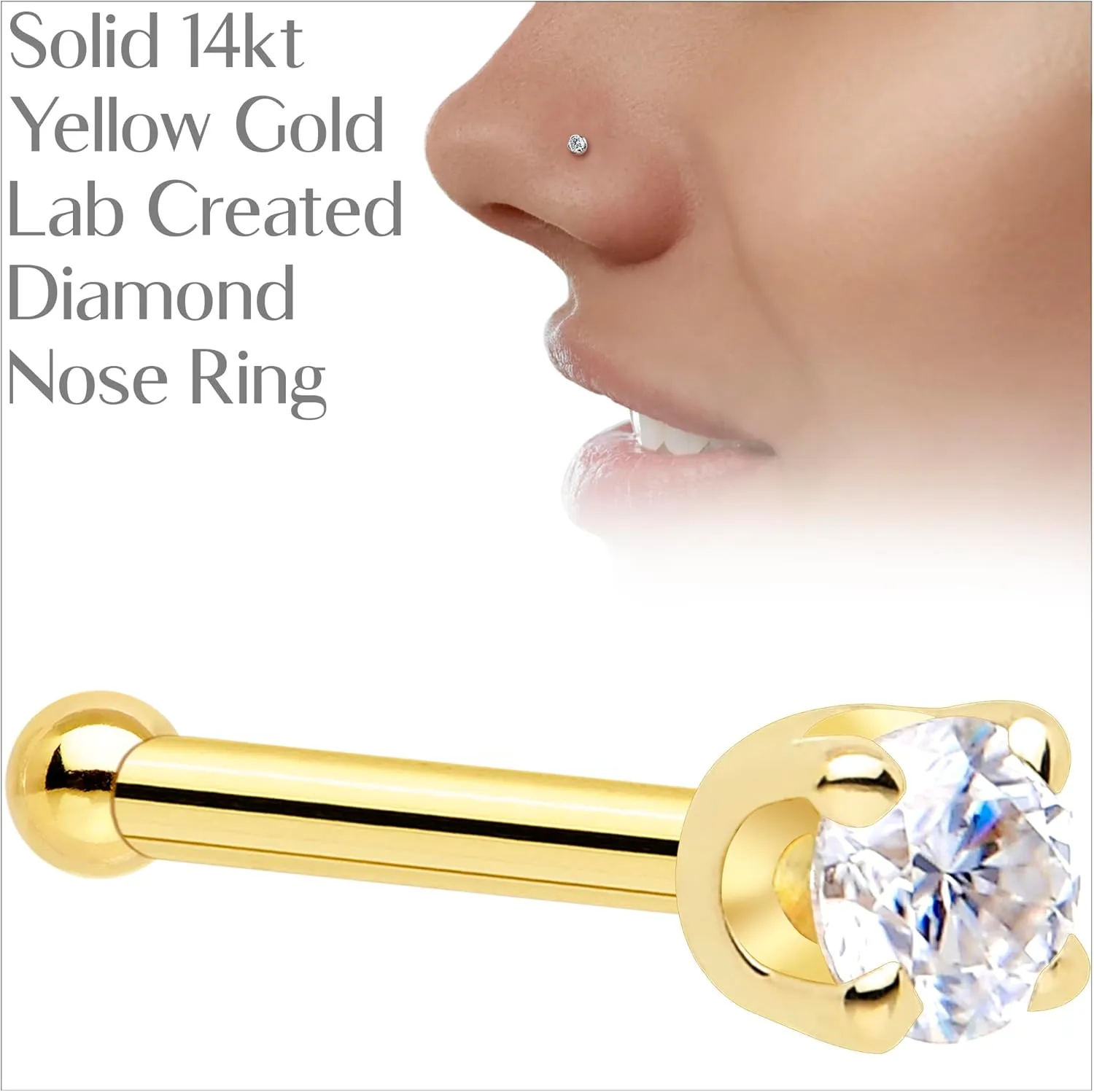 Body Candy 14k Solid Gold Nose Ring Studs - 2mm Lab Grown Diamond Created by MasterJeweler - Nose Bone Nose Ring 18 Gauge 20 Gauge Real Gold Nose Ring Piercing Jewelry for Women, Men