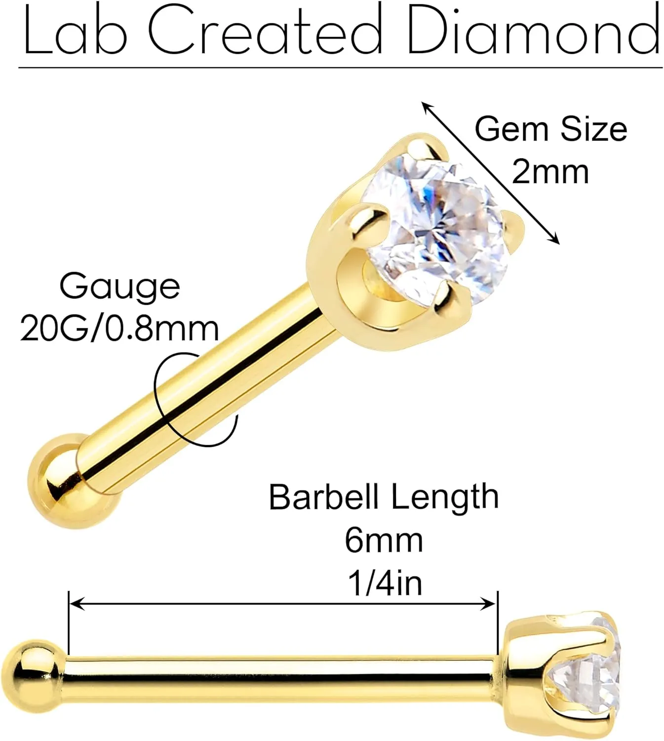 Body Candy 14k Solid Gold Nose Ring Studs - 2mm Lab Grown Diamond Created by MasterJeweler - Nose Bone Nose Ring 18 Gauge 20 Gauge Real Gold Nose Ring Piercing Jewelry for Women, Men