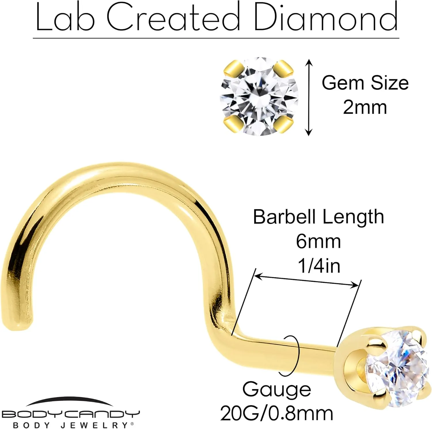 Body Candy 14k Solid Gold Nose Ring Studs - 2mm Lab Grown Diamond Created by MasterJeweler - Right Side Nose Ring 18 Gauge 20 Gauge Real Gold Nose Ring Piercing Jewelry for Women, Men