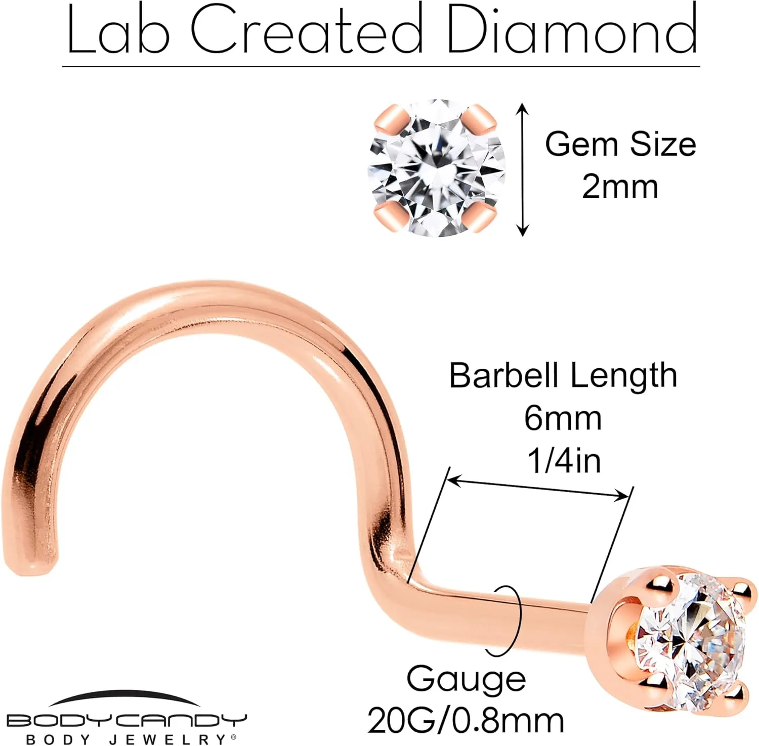 Body Candy 14k Solid Gold Nose Ring Studs - 2mm Lab Grown Diamond Created by MasterJeweler - Right Side Nose Ring 18 Gauge 20 Gauge Real Gold Nose Ring Piercing Jewelry for Women, Men