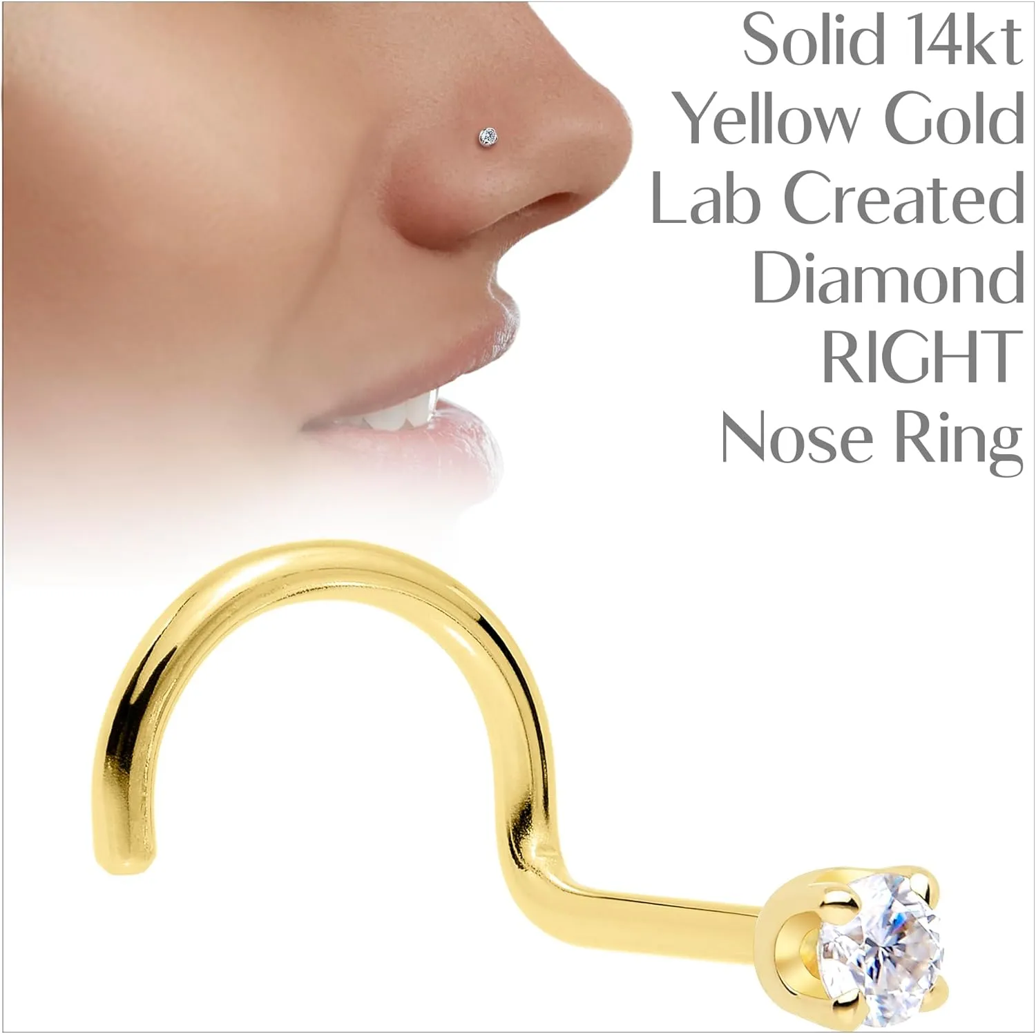Body Candy 14k Solid Gold Nose Ring Studs - 2mm Lab Grown Diamond Created by MasterJeweler - Right Side Nose Ring 18 Gauge 20 Gauge Real Gold Nose Ring Piercing Jewelry for Women, Men