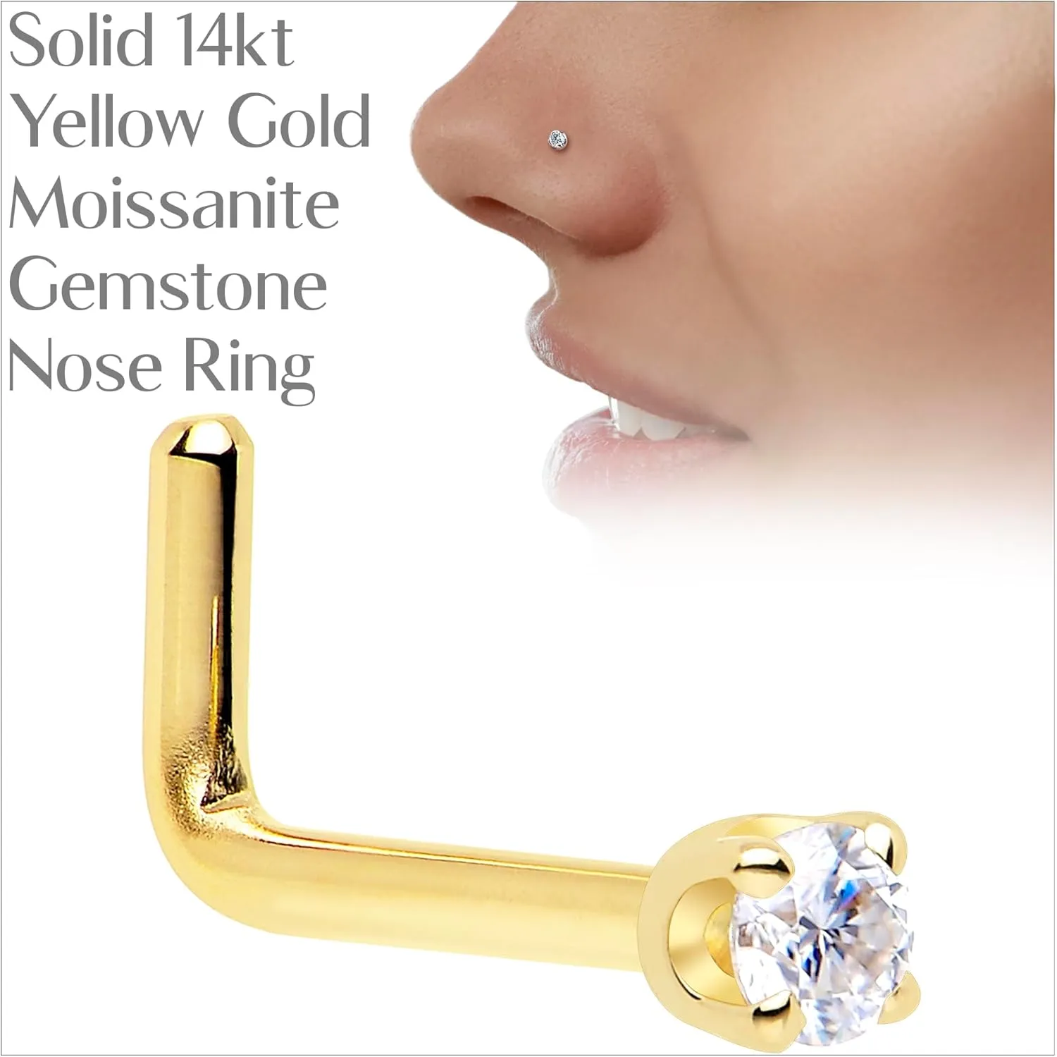 Body Candy 14k Solid Gold Nose Ring Studs -2mm Moissanite L-Shape 18 Gauge 20 Gauge Real Gold Nose Ring Piercing Jewelry - 14 K Gold Nose Stud, Nose Piercings, Gold Nose Studs for Women, Men