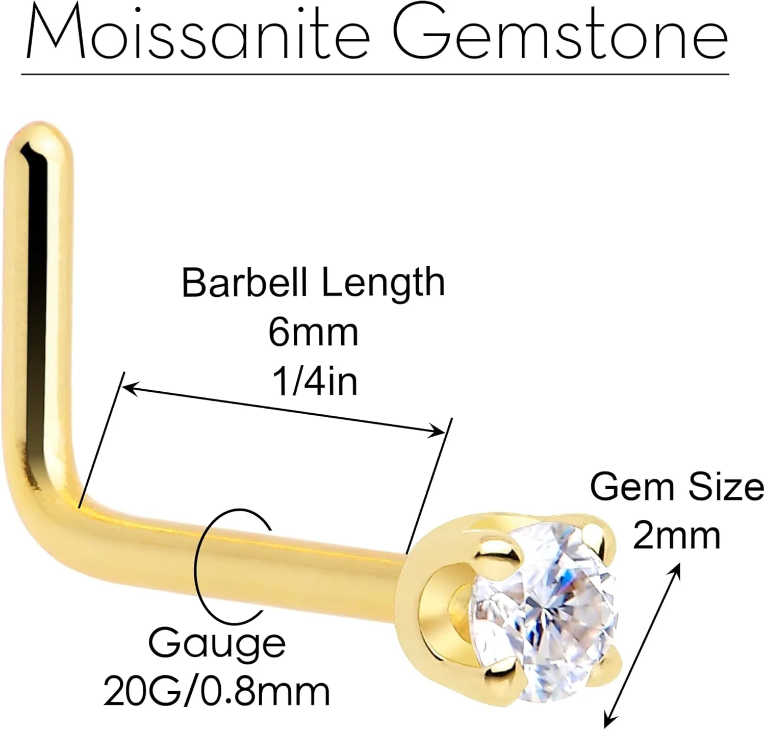 Body Candy 14k Solid Gold Nose Ring Studs -2mm Moissanite L-Shape 18 Gauge 20 Gauge Real Gold Nose Ring Piercing Jewelry - 14 K Gold Nose Stud, Nose Piercings, Gold Nose Studs for Women, Men