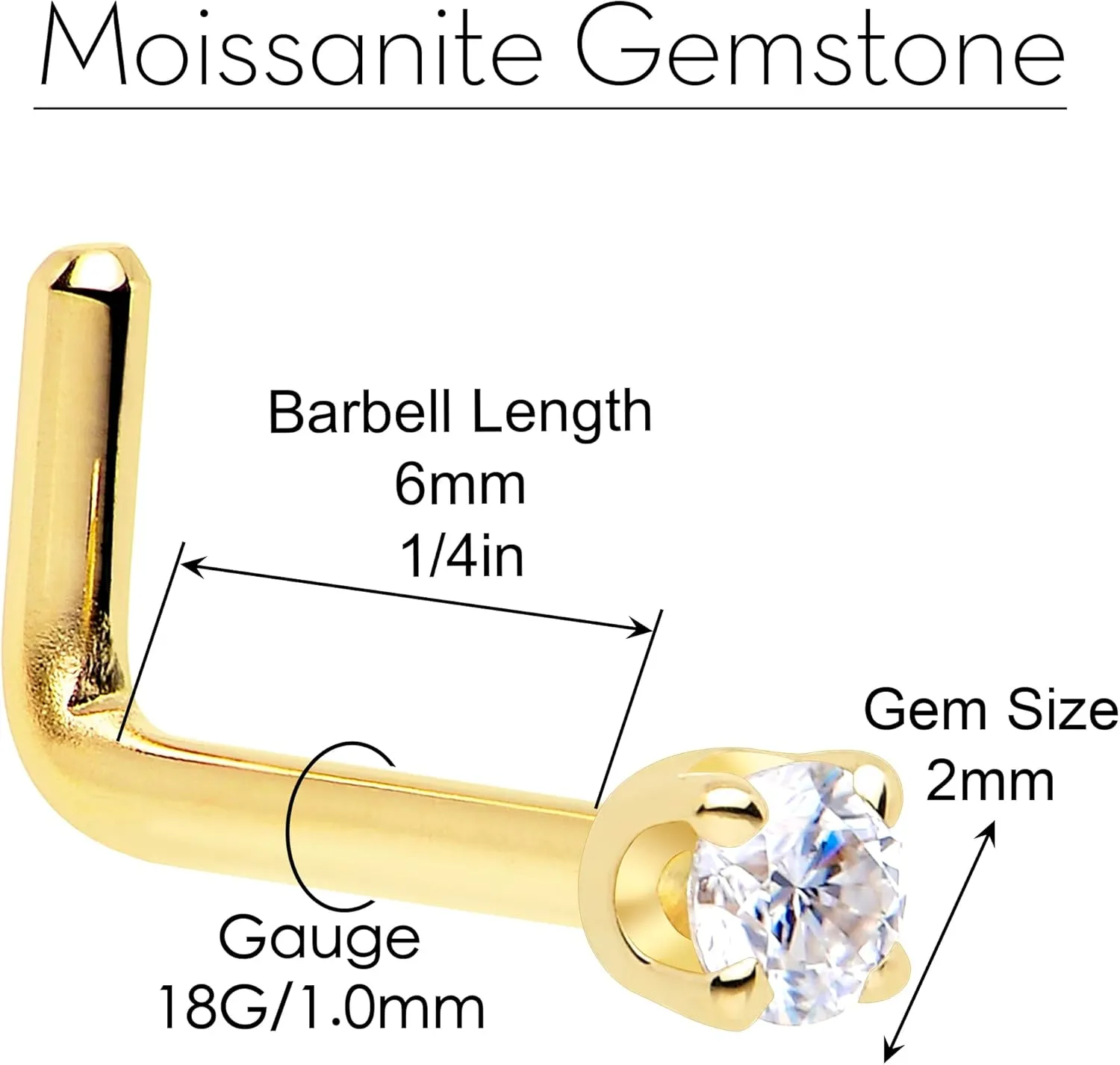 Body Candy 14k Solid Gold Nose Ring Studs -2mm Moissanite L-Shape 18 Gauge 20 Gauge Real Gold Nose Ring Piercing Jewelry - 14 K Gold Nose Stud, Nose Piercings, Gold Nose Studs for Women, Men