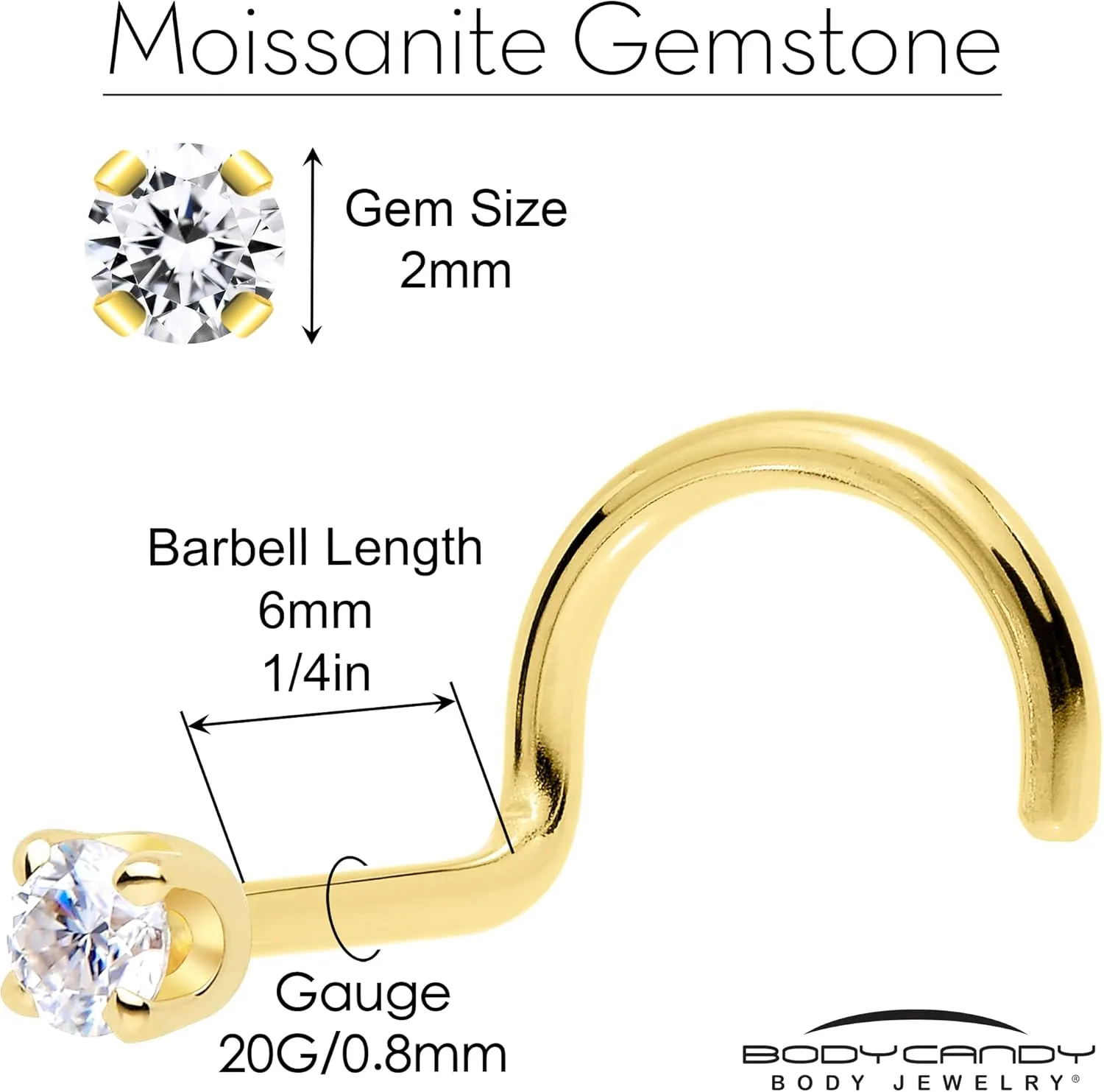 Body Candy 14k Solid Gold Nose Ring Studs -2mm Moissanite Left Side Nose Ring 18 Gauge 20 Gauge Real Gold Nose Ring Piercing Jewelry - 14 K Gold Nose Stud, Nose Piercings, Gold Nose Studs for Women, Men