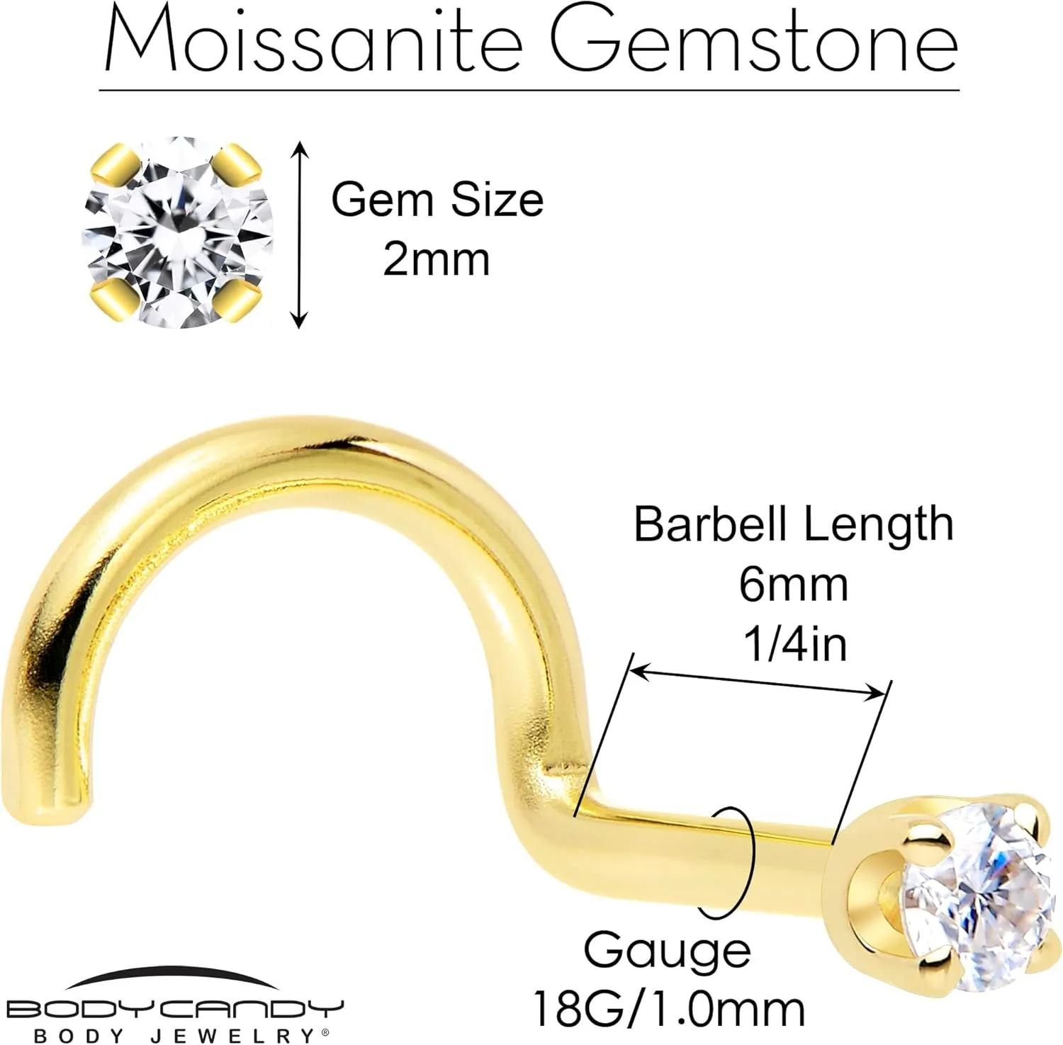 Body Candy 14k Solid Gold Nose Ring Studs -2mm Moissanite Right Side Nose Ring 18 Gauge 20 Gauge Real Gold Nose Ring Piercing Jewelry - 14 K Gold Nose Stud, Nose Piercings, Gold Nose Studs for Women, Men