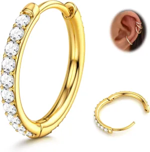 BodyBonita Clear CZ Nose Rings Hoop - 316L Surgical Steel Body Piercing Hoop Clicker 20G/18G/16G Earrings Jewelry Cartilage Helix Rook Tragus Conch Daith Ring 6/7/8/9/10/11/12mm - Gold/Silver/Black
