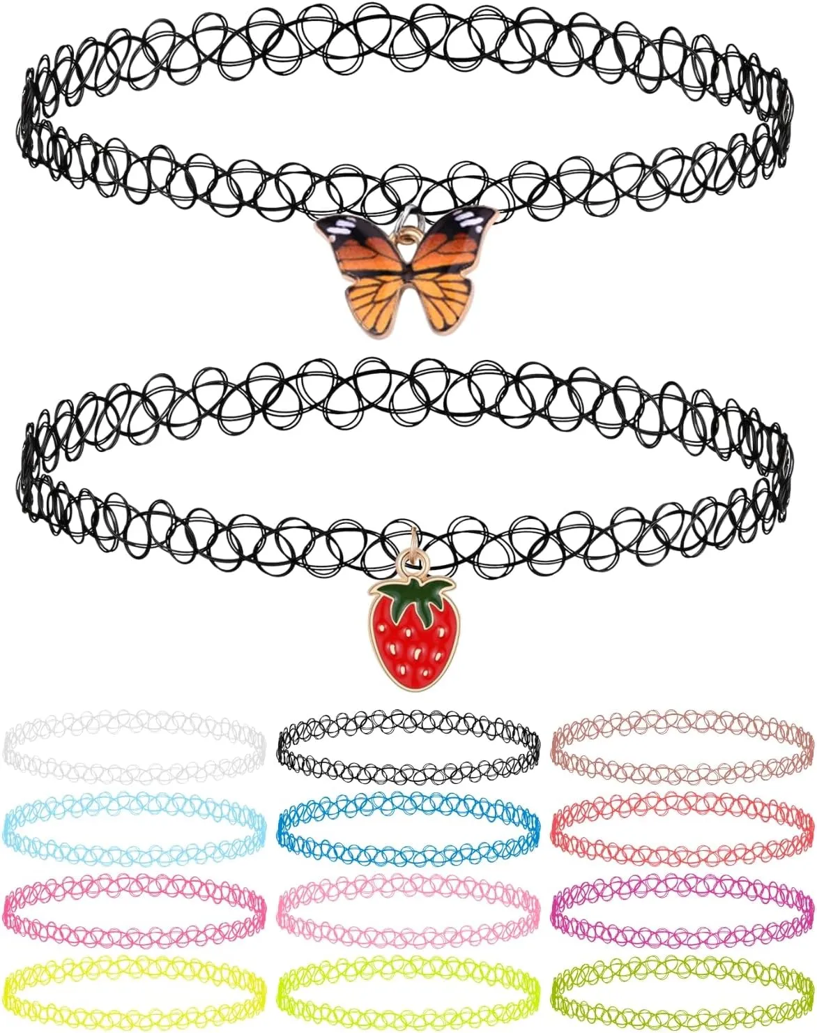 BodyJ4You 16PC Tattoo Choker Necklace Set - 90s Accessories Women Teen Girls Kids - Butterfly Pendant Strawberry Charm - Summer Style Gift Idea