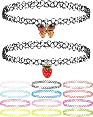 BodyJ4You 16PC Tattoo Choker Necklace Set - 90s Accessories Women Teen Girls Kids - Butterfly Pendant Strawberry Charm - Summer Style Gift Idea