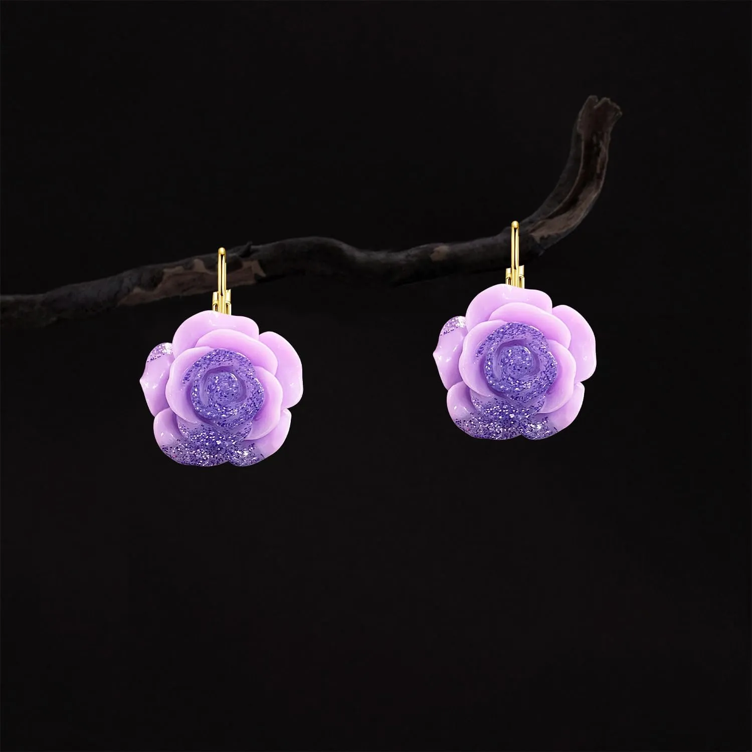Bohemian Cute Sparkly Flower Leverback Earrings for Women Acrylic Rose Flower Floral Dangle Drop Earring
