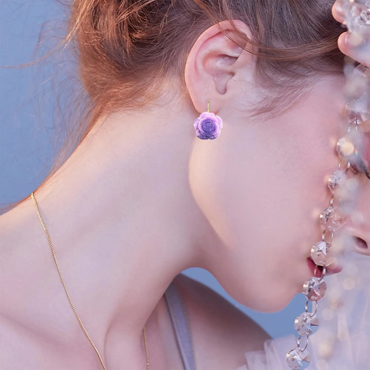 Bohemian Cute Sparkly Flower Leverback Earrings for Women Acrylic Rose Flower Floral Dangle Drop Earring