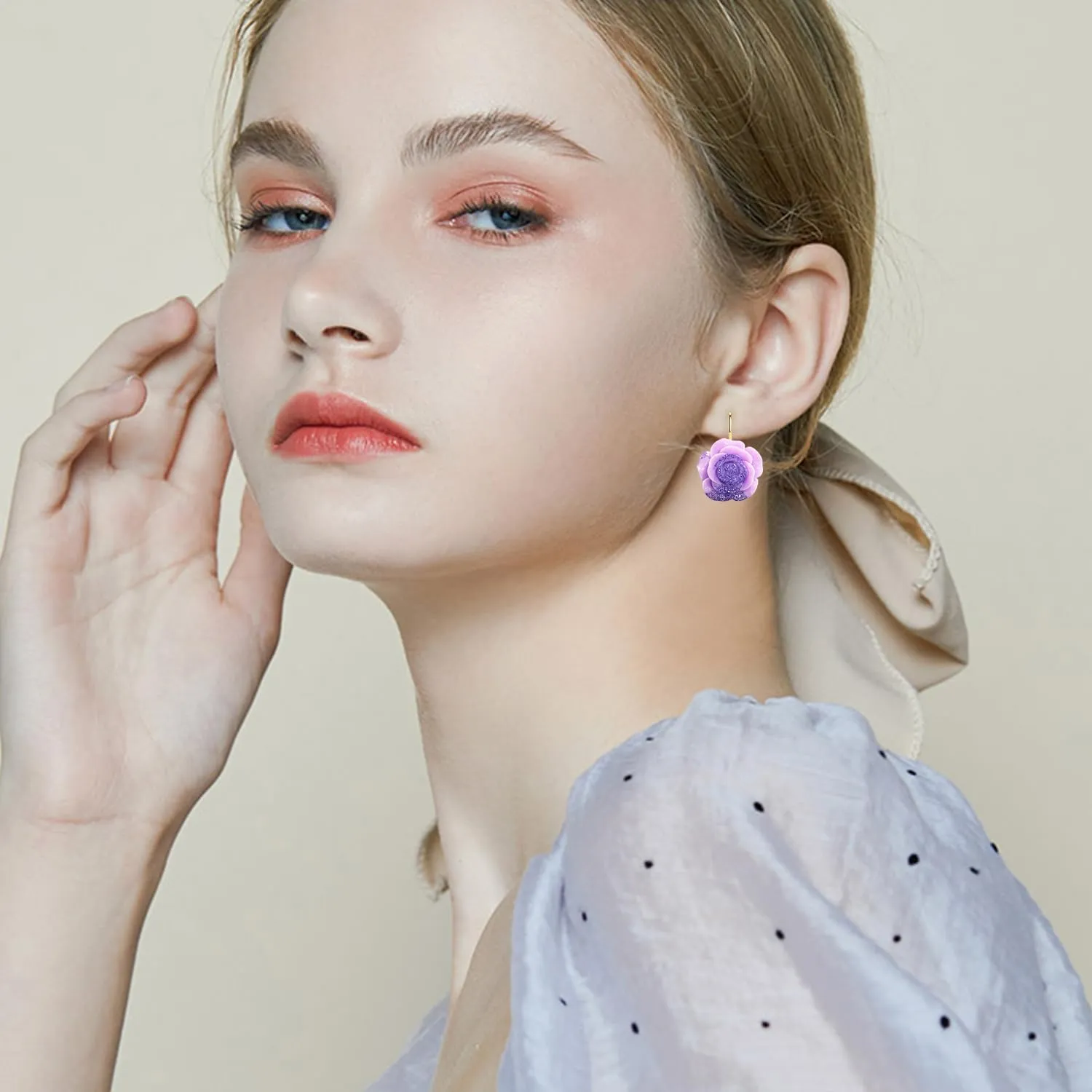 Bohemian Cute Sparkly Flower Leverback Earrings for Women Acrylic Rose Flower Floral Dangle Drop Earring