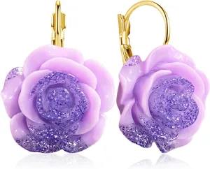 Bohemian Cute Sparkly Flower Leverback Earrings for Women Acrylic Rose Flower Floral Dangle Drop Earring