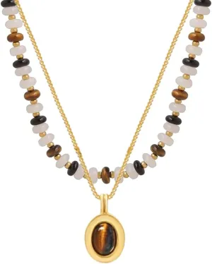 Bohemian Earthy Bead Choker | Layered Beaded Necklaces for Women | Stone Pendant Tiger Eye Gold Brown Boho Strand Statement | Beach Jewelry Gift