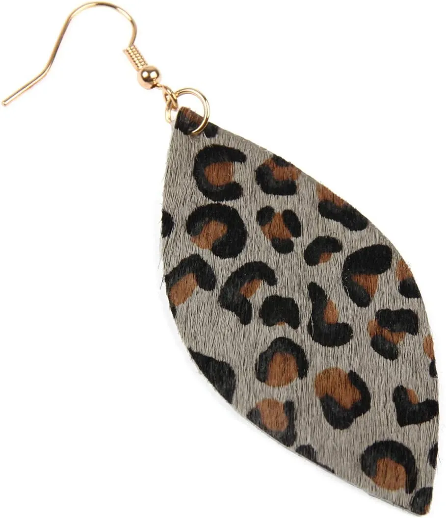 Bohemian Genuine Leather Geometric Earrings - Lightweight Animal Print Dangles Calf Hair Teardrop, Zebra Leaf, Leopard Hoop