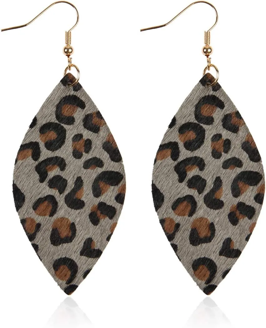 Bohemian Genuine Leather Geometric Earrings - Lightweight Animal Print Dangles Calf Hair Teardrop, Zebra Leaf, Leopard Hoop