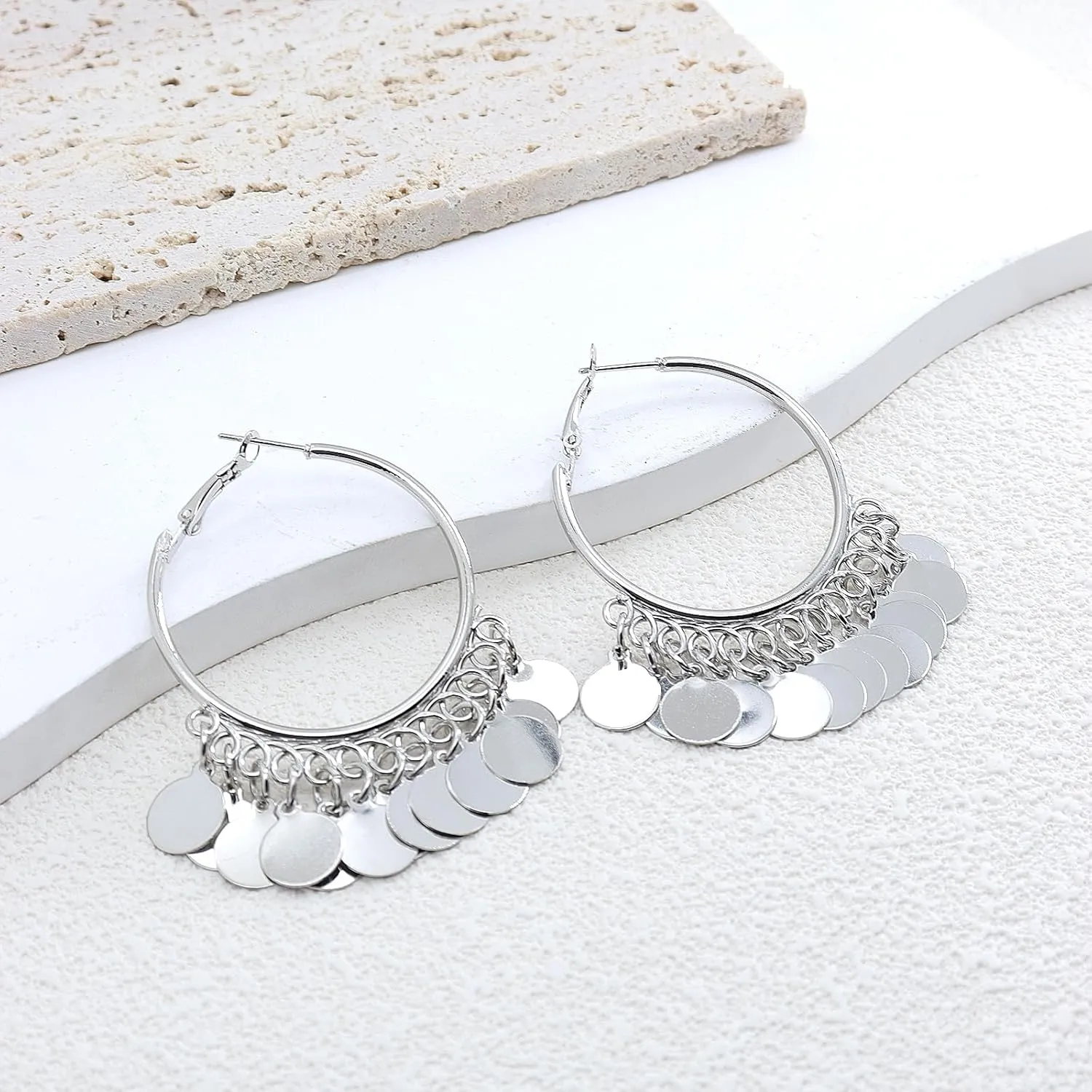 Bohemian Sequins Hoop Statement Earrings for Women,14K Gold Plated Disc Round Chandelier Tassel Earrings Party Prom Charm Anniversary Jewelry Gifts