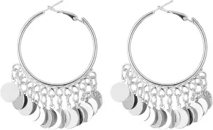 Bohemian Sequins Hoop Statement Earrings for Women,14K Gold Plated Disc Round Chandelier Tassel Earrings Party Prom Charm Anniversary Jewelry Gifts