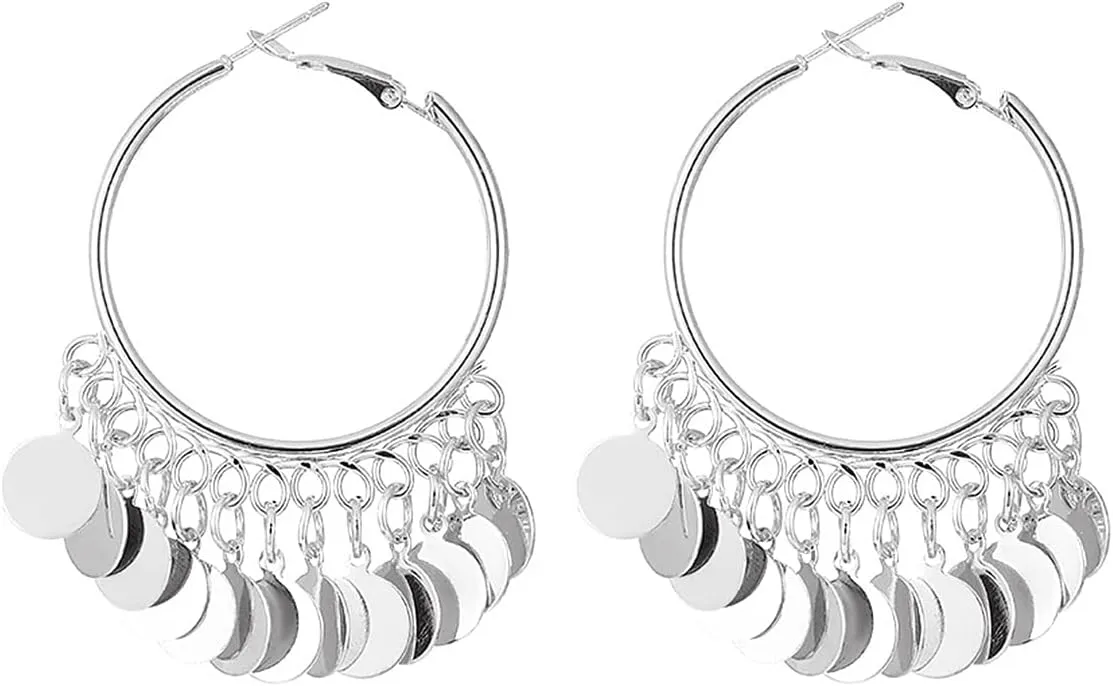 Bohemian Sequins Hoop Statement Earrings for Women,14K Gold Plated Disc Round Chandelier Tassel Earrings Party Prom Charm Anniversary Jewelry Gifts