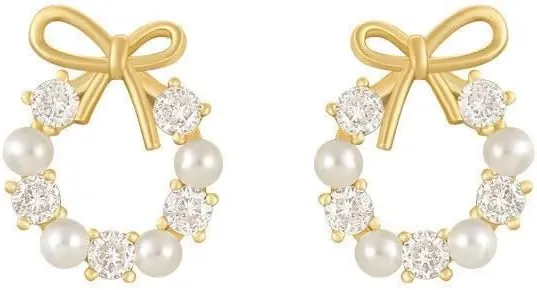 Bow Earrings, Hoop Earrings, Dainty Earrings Set, 14K Gold Plated Small Pearl Stud Earrings, Hypoallergenic Earrings, S925 Silver, Lightweight, Party Jewelry Gift for Women