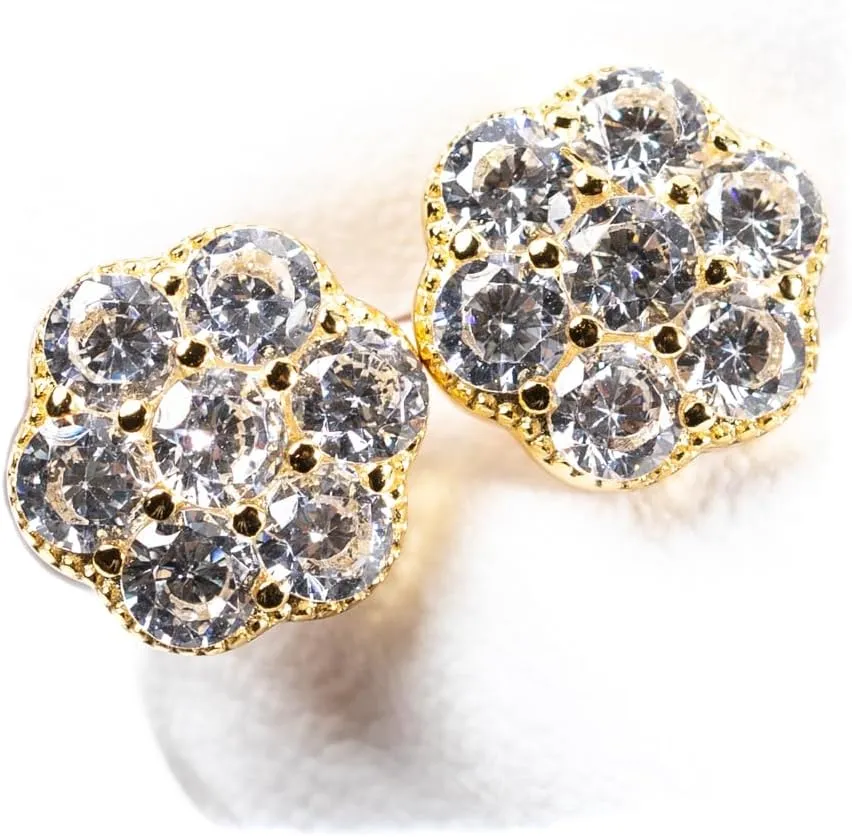 Brilliant Unisex Elegant Iced Cz 14K Yellow Gold Plated Sterling Silver Round Men's Women Flower Cluster Cz Unisex Circle Stud Hip Hop Hypoallergenic Screw Back Earrings