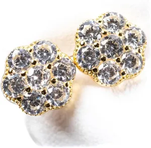 Brilliant Unisex Elegant Iced Cz 14K Yellow Gold Plated Sterling Silver Round Men's Women Flower Cluster Cz Unisex Circle Stud Hip Hop Hypoallergenic Screw Back Earrings