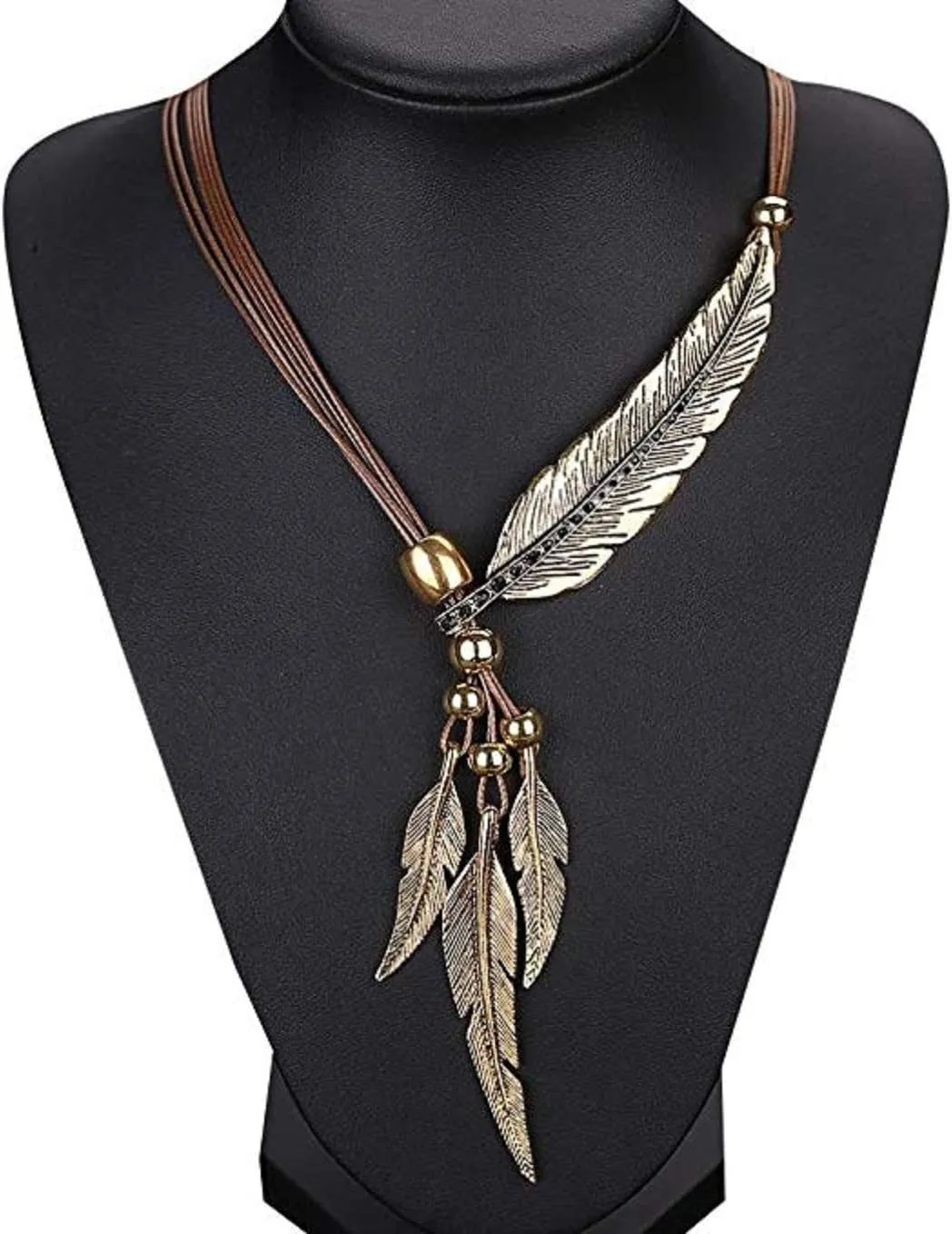 Brown Women Fashion Antique Vintage Time Necklace Sweater Chain Pendant Feather Pendant Necklace Brown and Gold