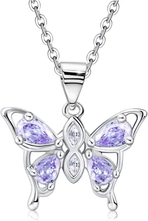 Butterfly Necklace 925 Sterling Silver Small Dainty Butterfly Necklace for Women CZ Thiny Pendant Necklace Butterfly Birthstone Jewelry for Mother's Day Valentine Birthday Gifts