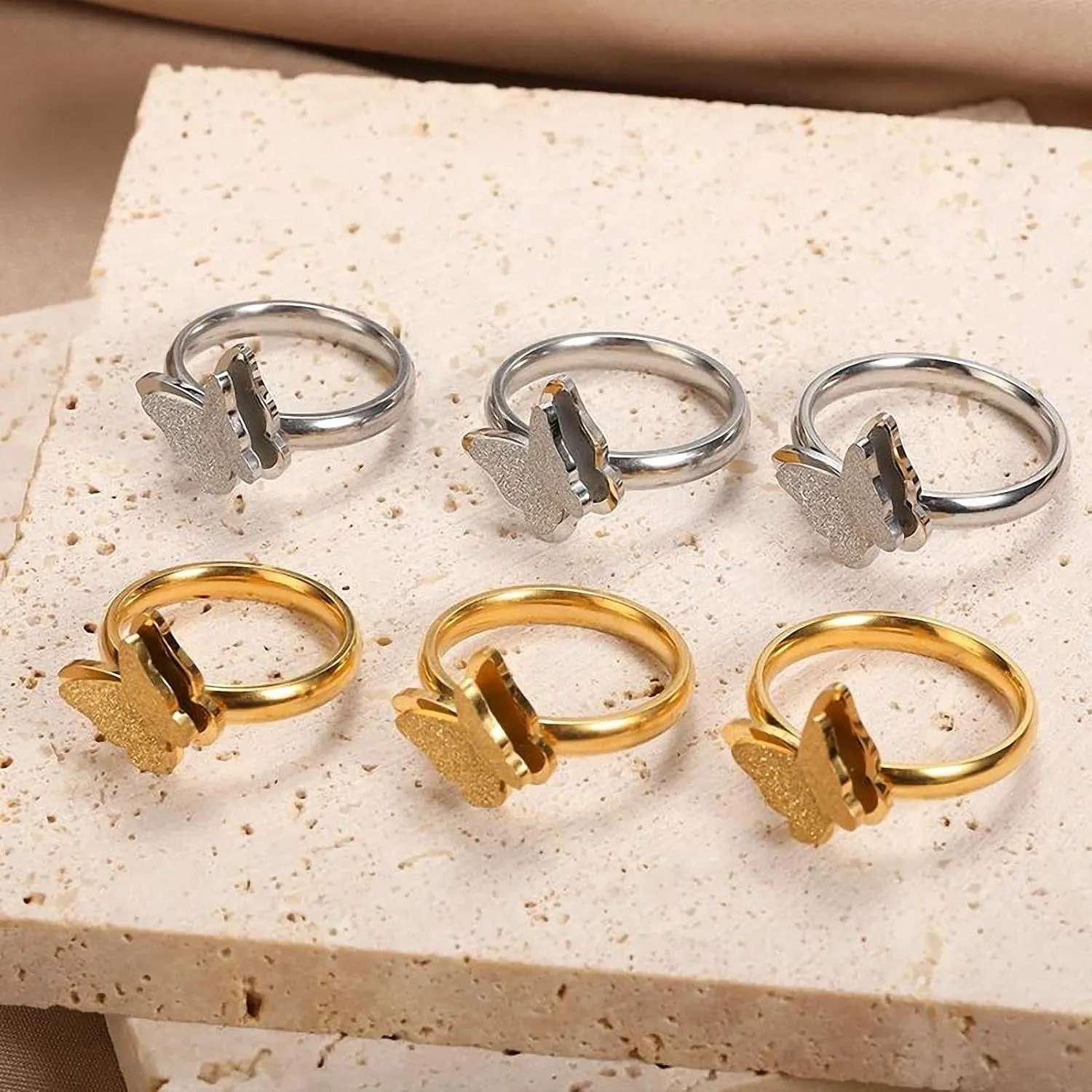 Butterfly Rings for Women Stainless Steel Double Layer Metal Smooth Frosted Wedding Couple Rings Aesthetic Vintage Jewelry Gifts