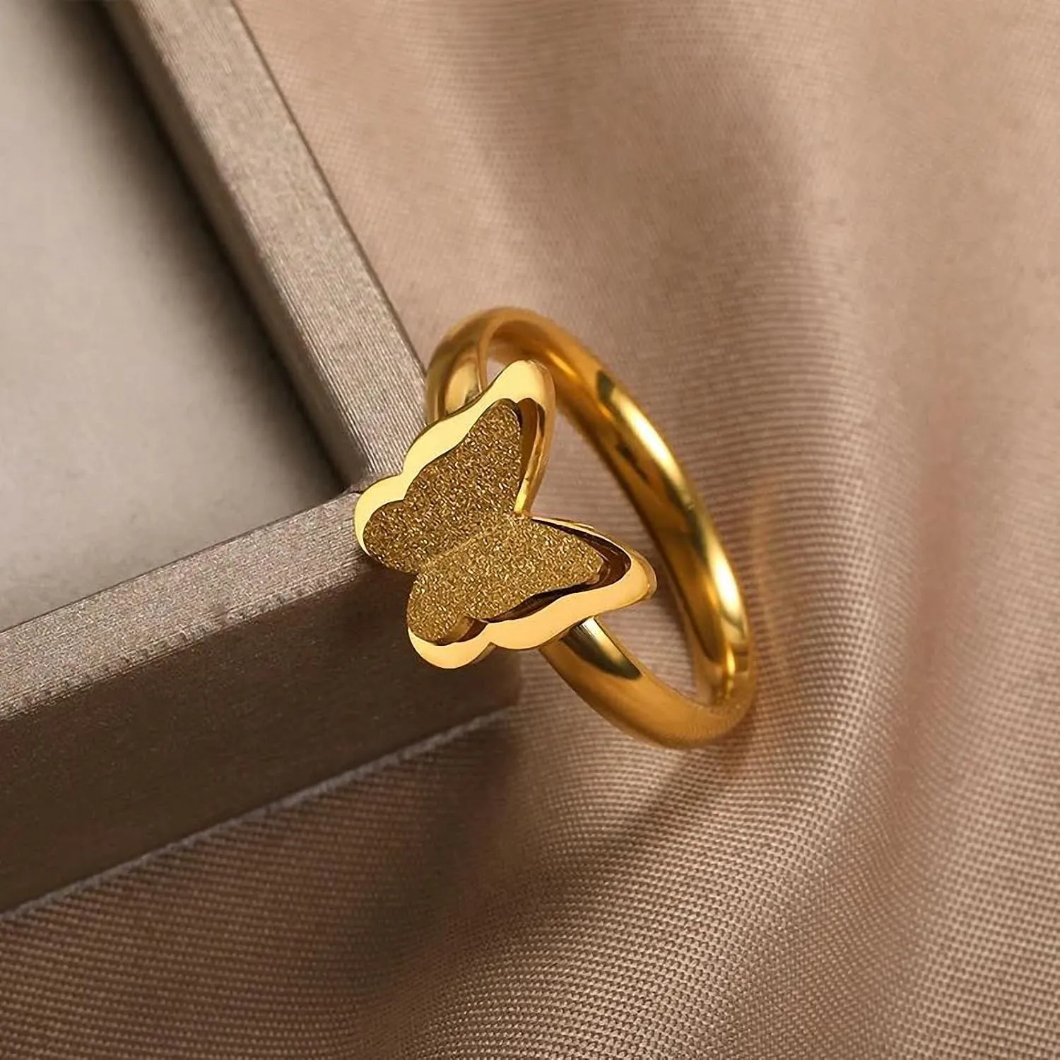 Butterfly Rings for Women Stainless Steel Double Layer Metal Smooth Frosted Wedding Couple Rings Aesthetic Vintage Jewelry Gifts