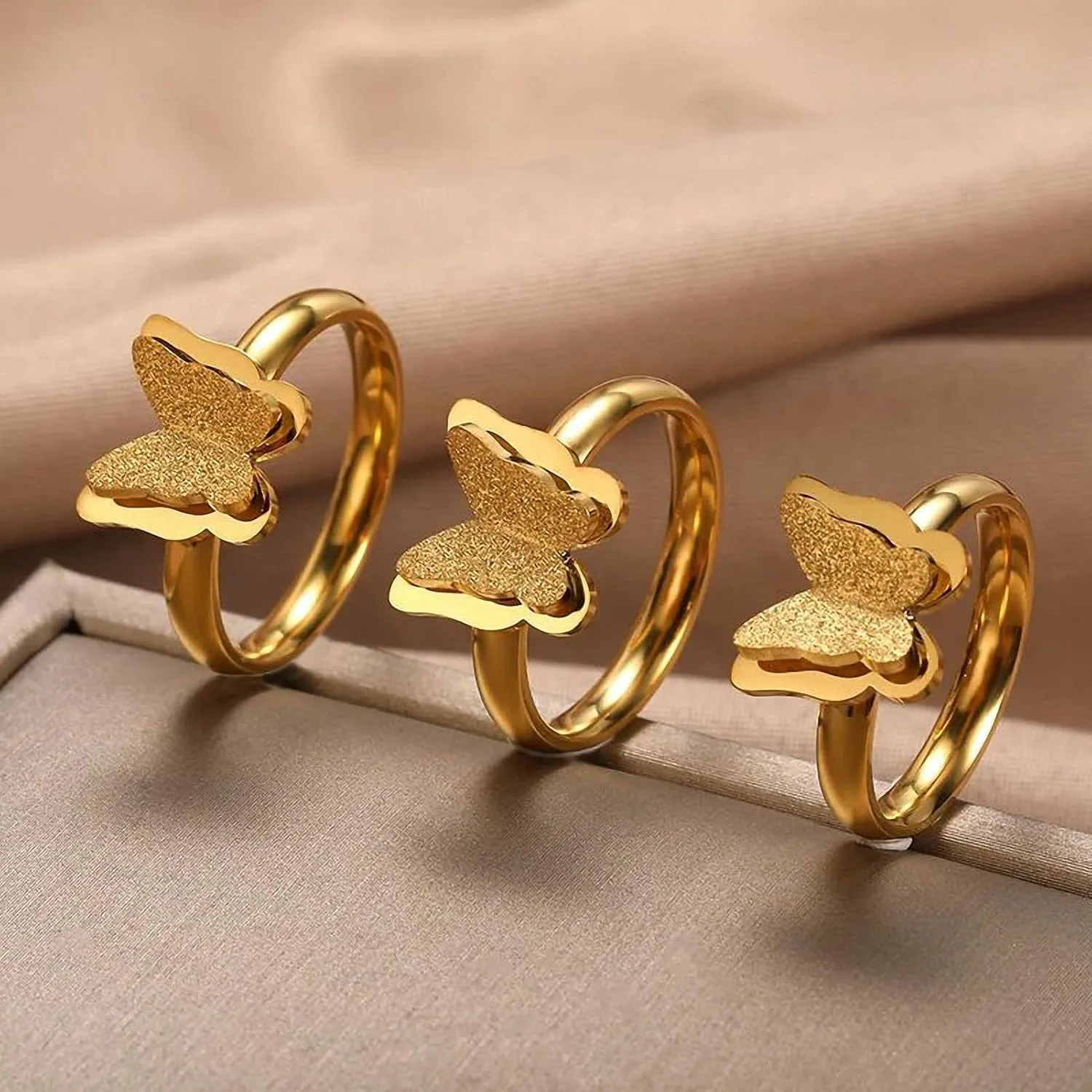 Butterfly Rings for Women Stainless Steel Double Layer Metal Smooth Frosted Wedding Couple Rings Aesthetic Vintage Jewelry Gifts