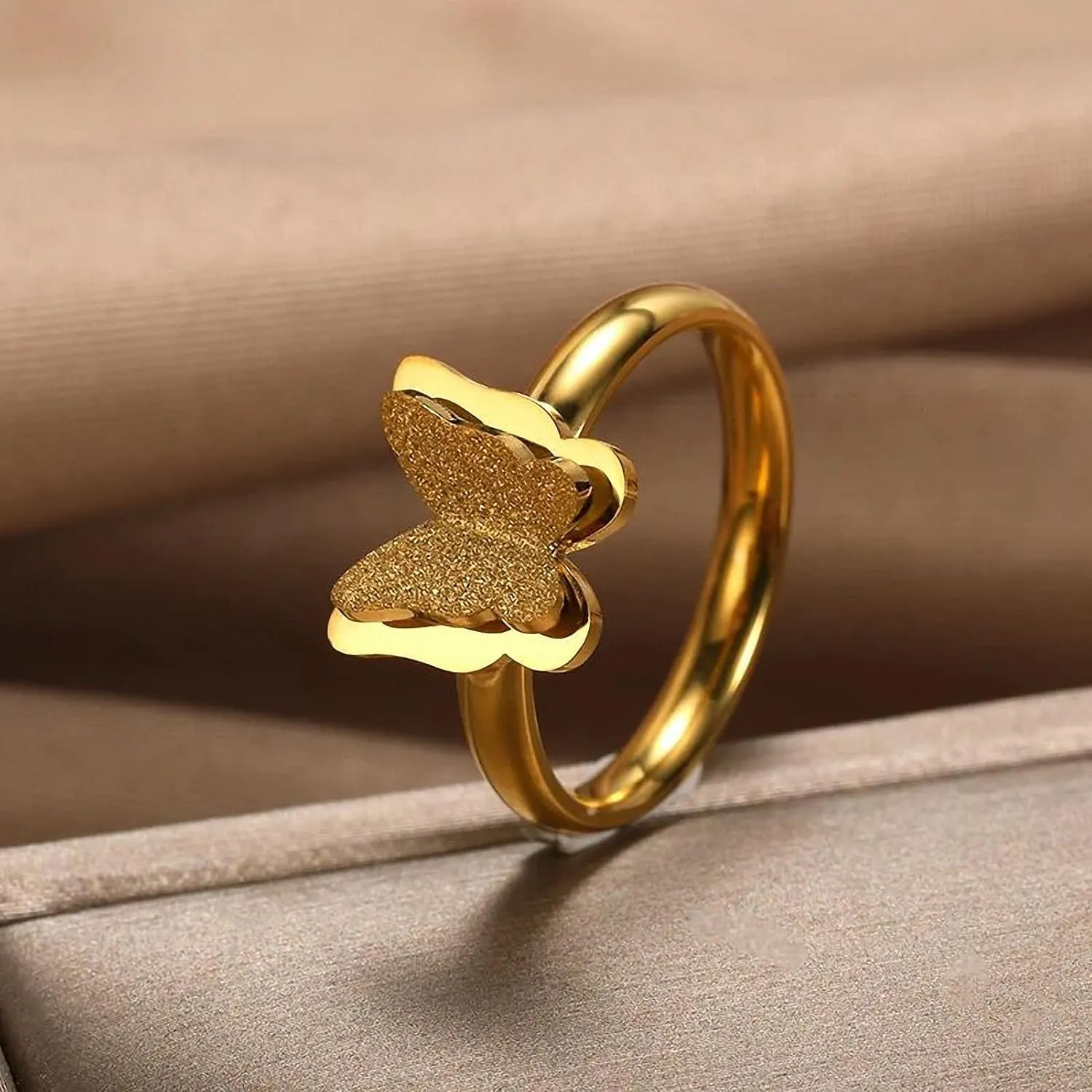 Butterfly Rings for Women Stainless Steel Double Layer Metal Smooth Frosted Wedding Couple Rings Aesthetic Vintage Jewelry Gifts