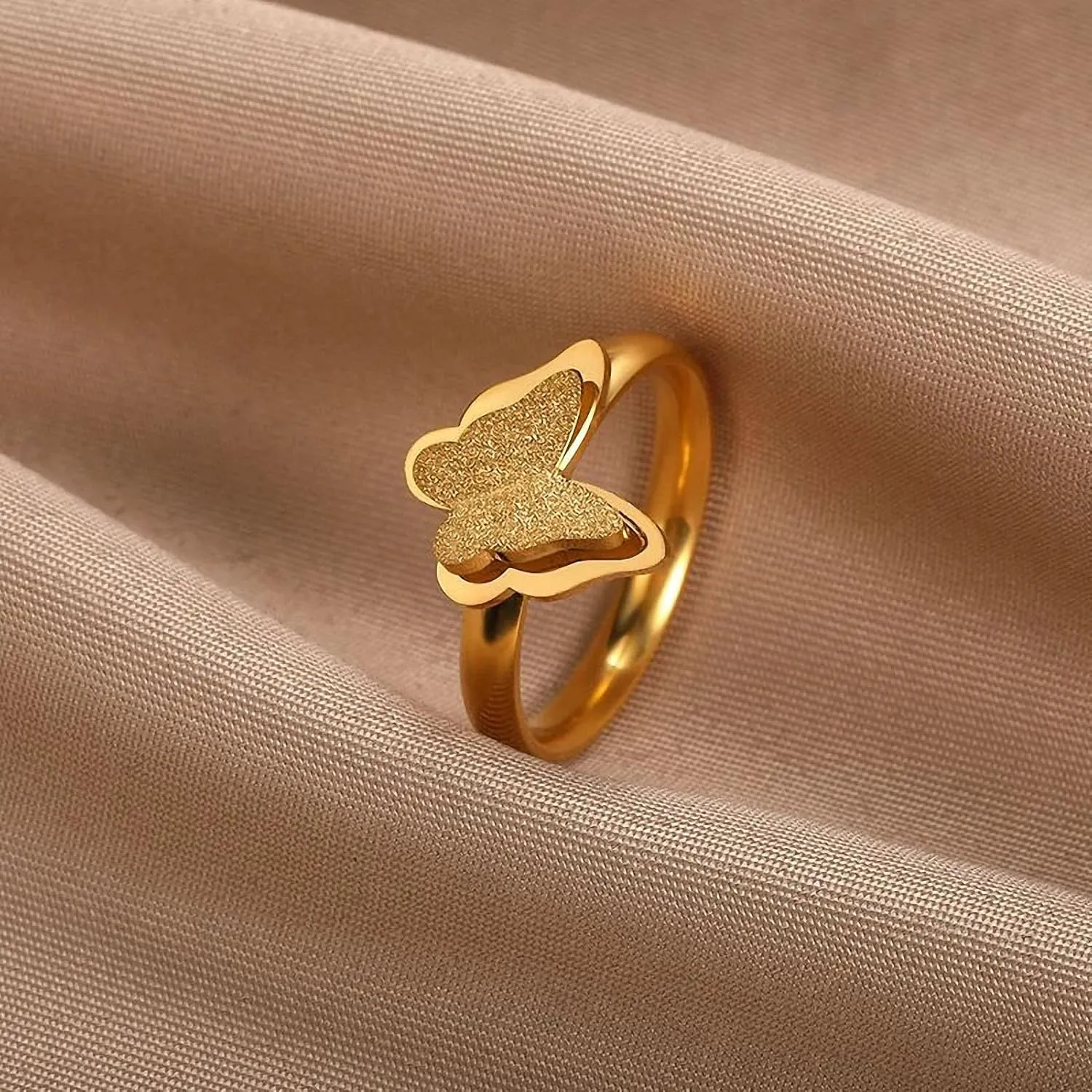 Butterfly Rings for Women Stainless Steel Double Layer Metal Smooth Frosted Wedding Couple Rings Aesthetic Vintage Jewelry Gifts