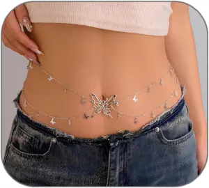 Butterfly Waist Chain for Women Silver/Gold Layered Belly Chain Adjustable Charm Sexy Body Chain Belt Y2k Stomach Chain Fashion Jewelry Gifts Accessories